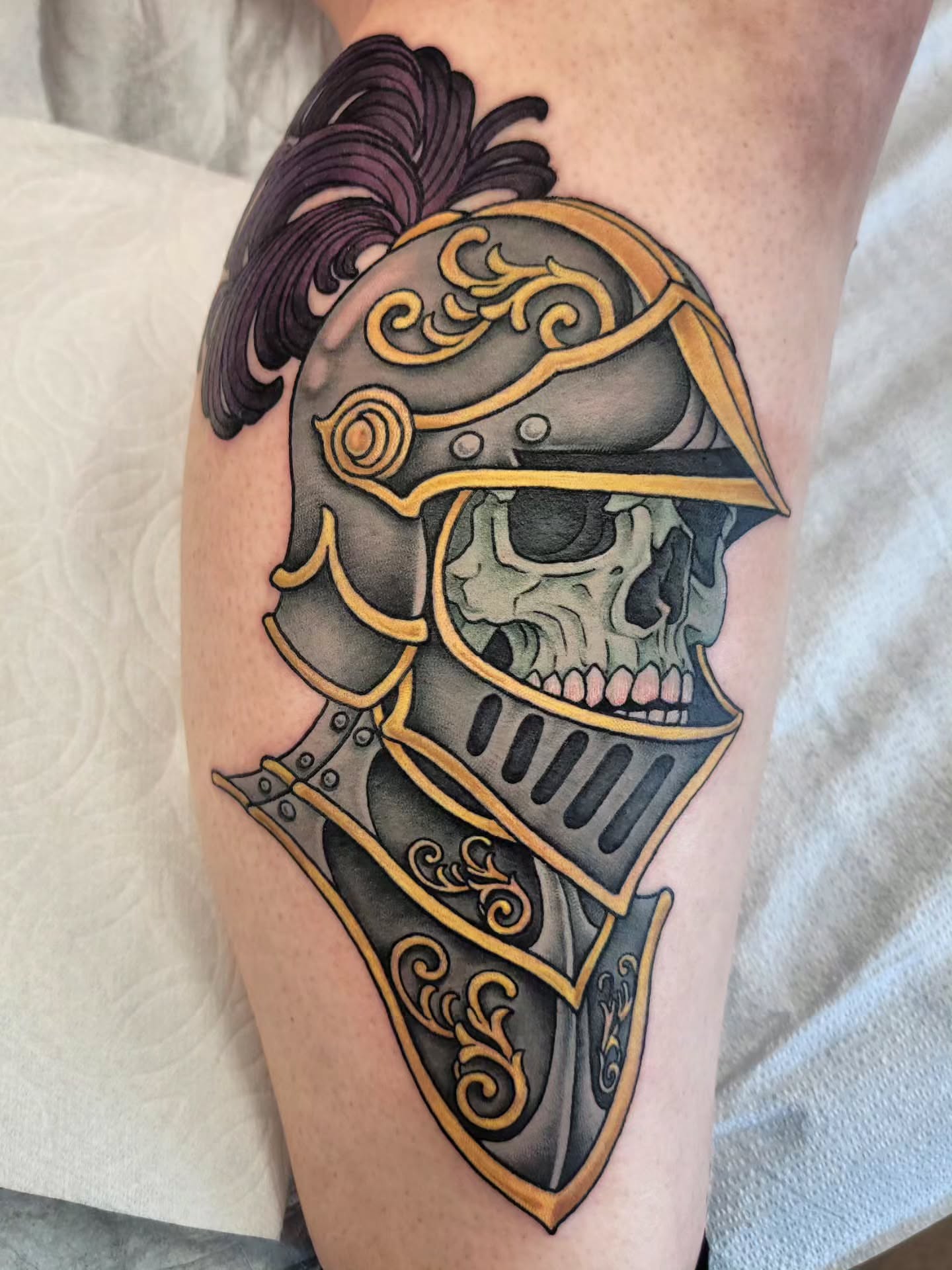 Helmeted skull realism tattoo on the forearm by Chantel Chan, Portland, Oregon