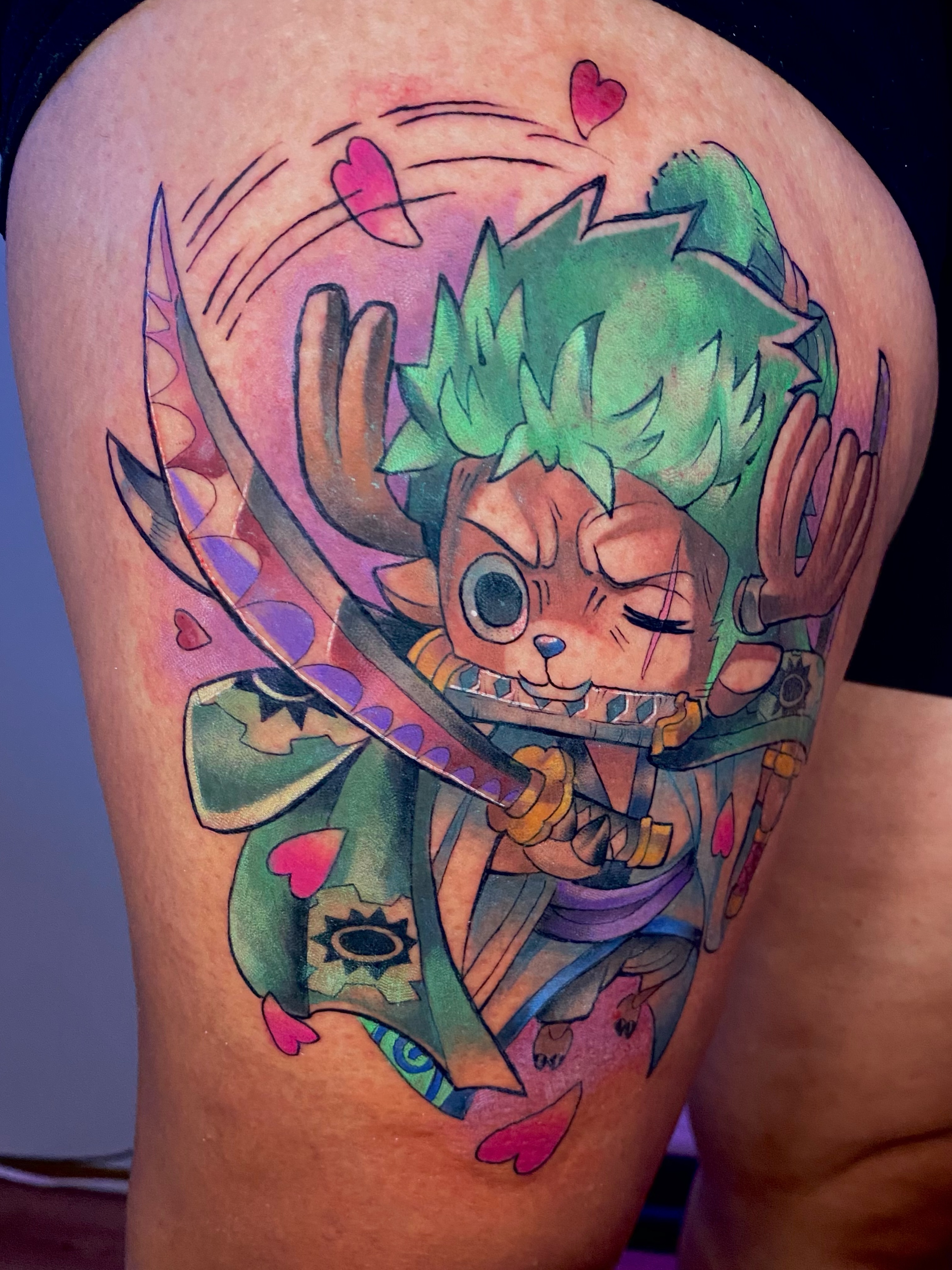 Cat samurai anime tattoo on the thigh by Amy Porter