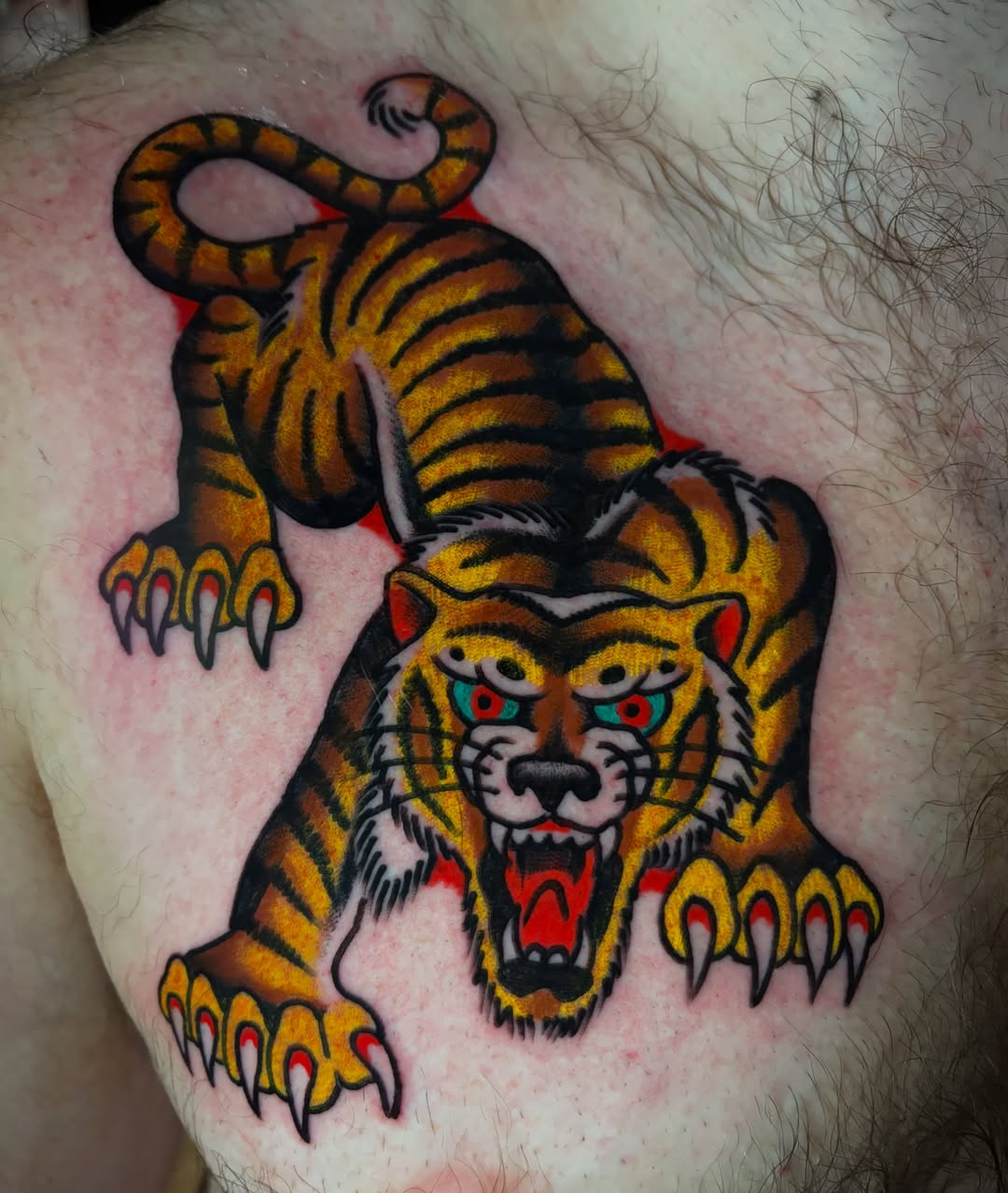 Tiger American traditional tattoo on the thigh by Chris Dufresne