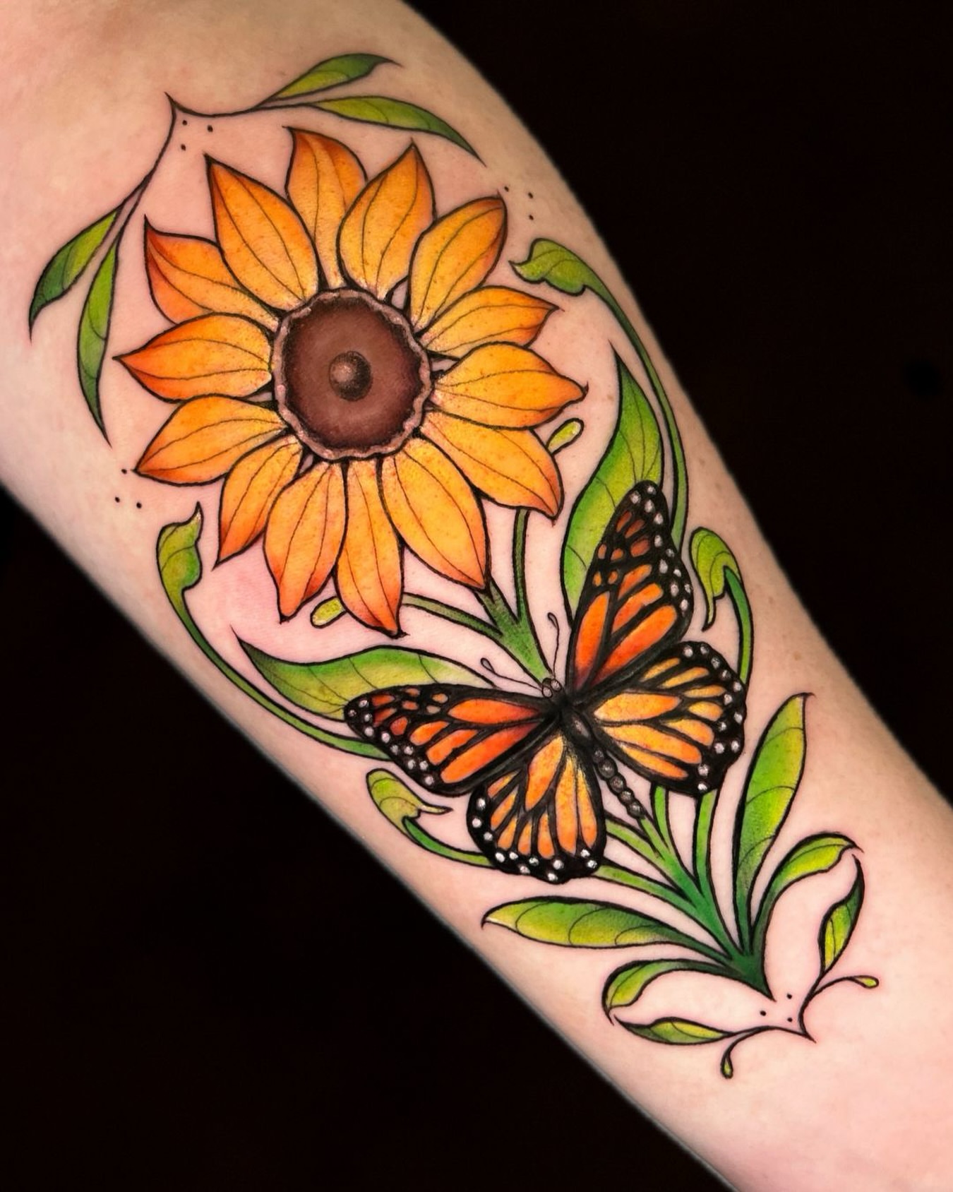 Sunflower and butterfly realism tattoo on the forearm by Michelle Pomerantz 🌼 Portland Tattoo Artist