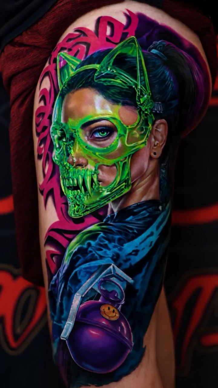 Woman with skull mask realism tattoo by Kevin Bradley Jr, Mesa, Arizona