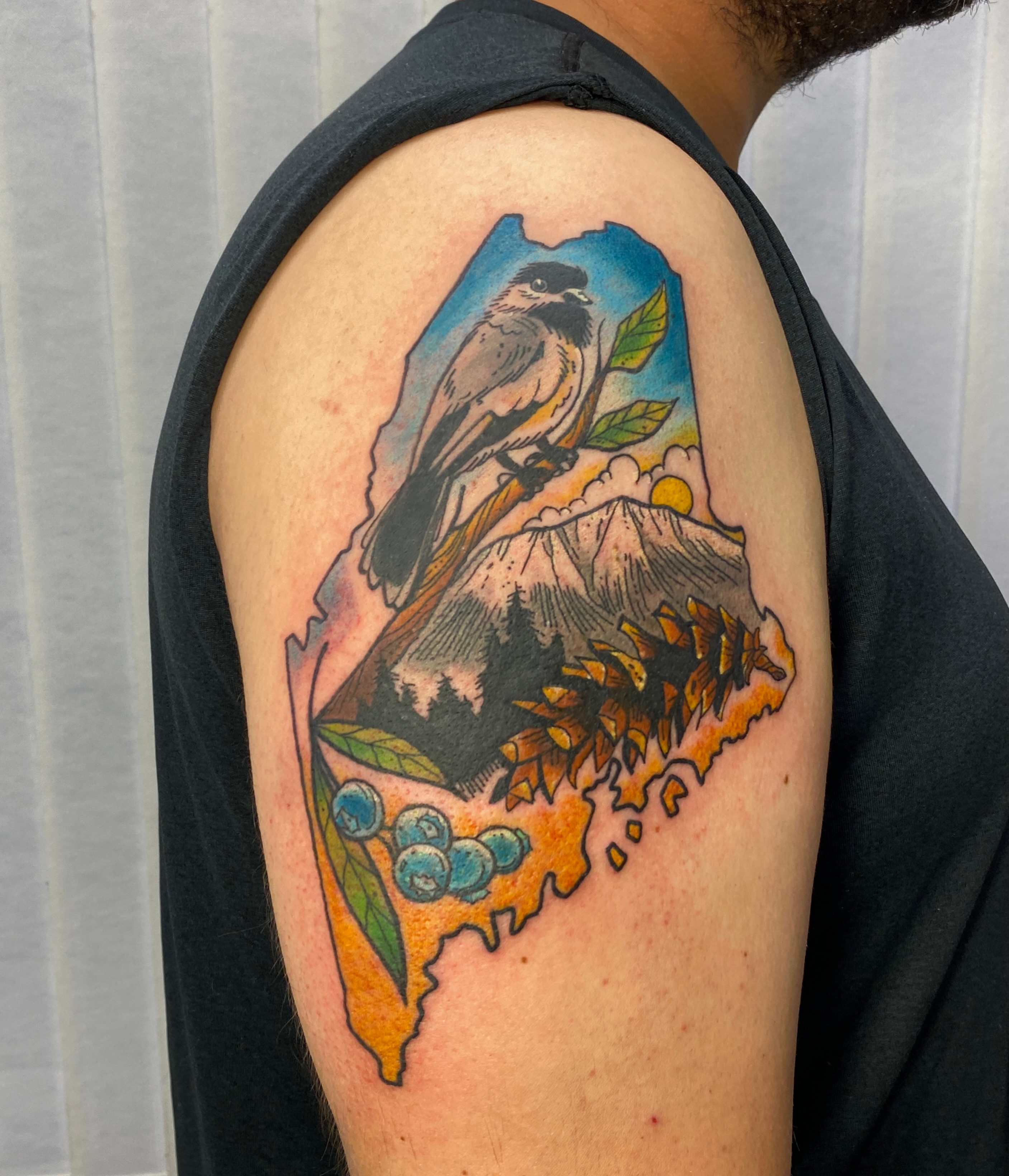 Mountain landscape realism tattoo on the shoulder by Mike Gorman - Portland Maine Tattoo Artist, Portland, Maine