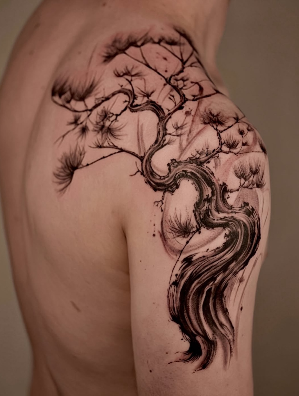Tree dotwork tattoo on the shoulder by Damon_modoink