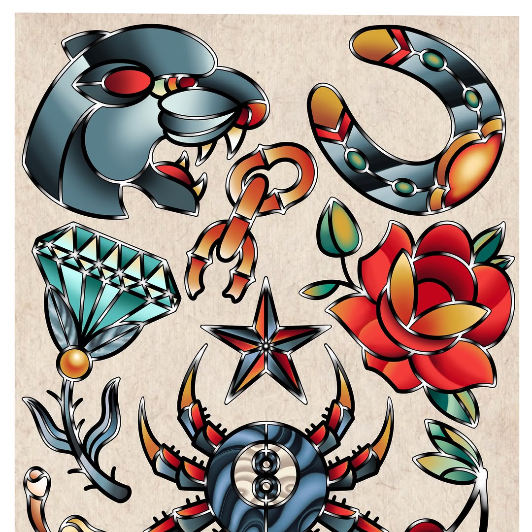 Tattoo flash sheet American traditional tattoo by Erika Hollingsworth