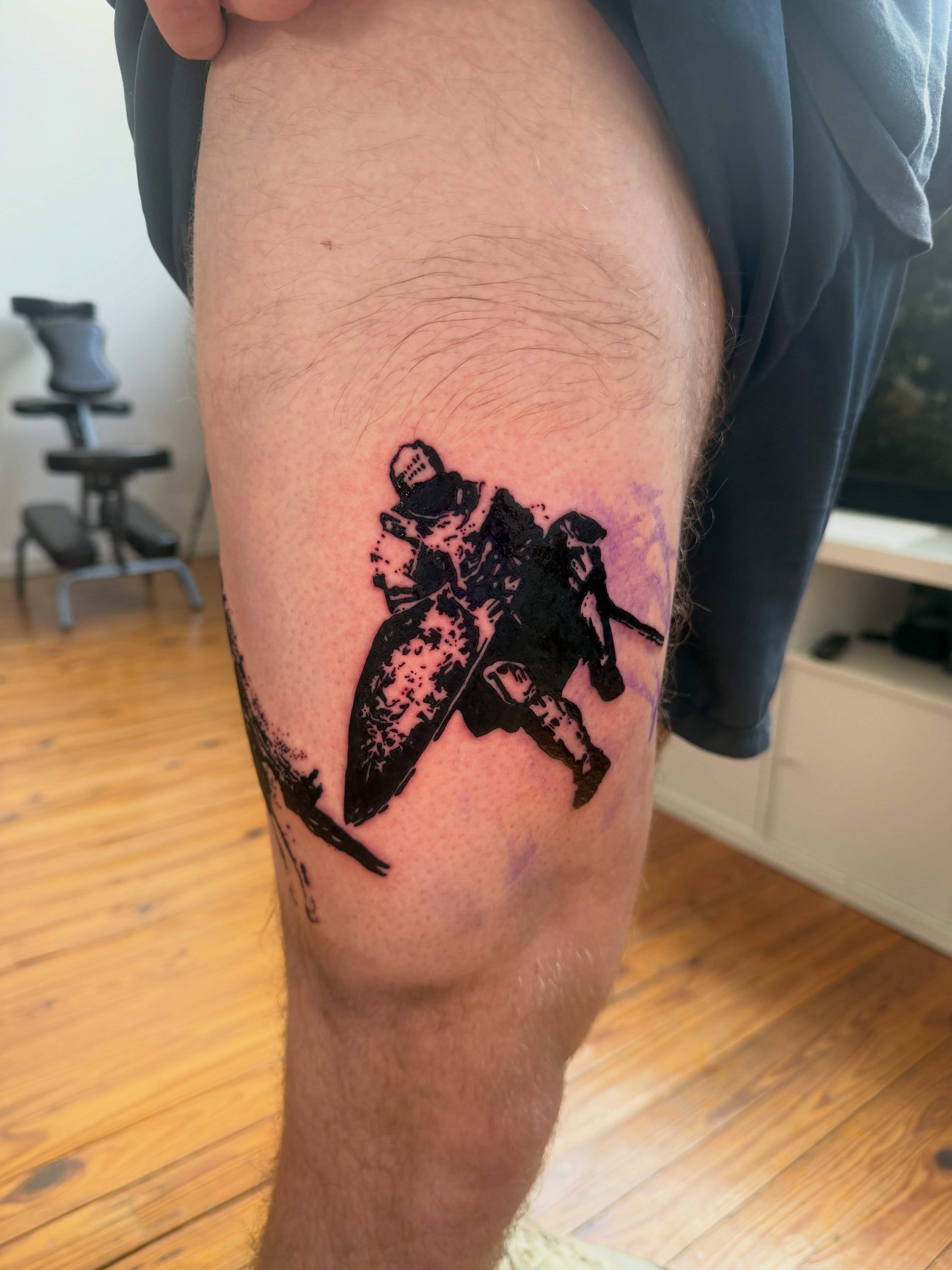 Knight on horseback black and grey tattoo on the thigh by Jose Javier