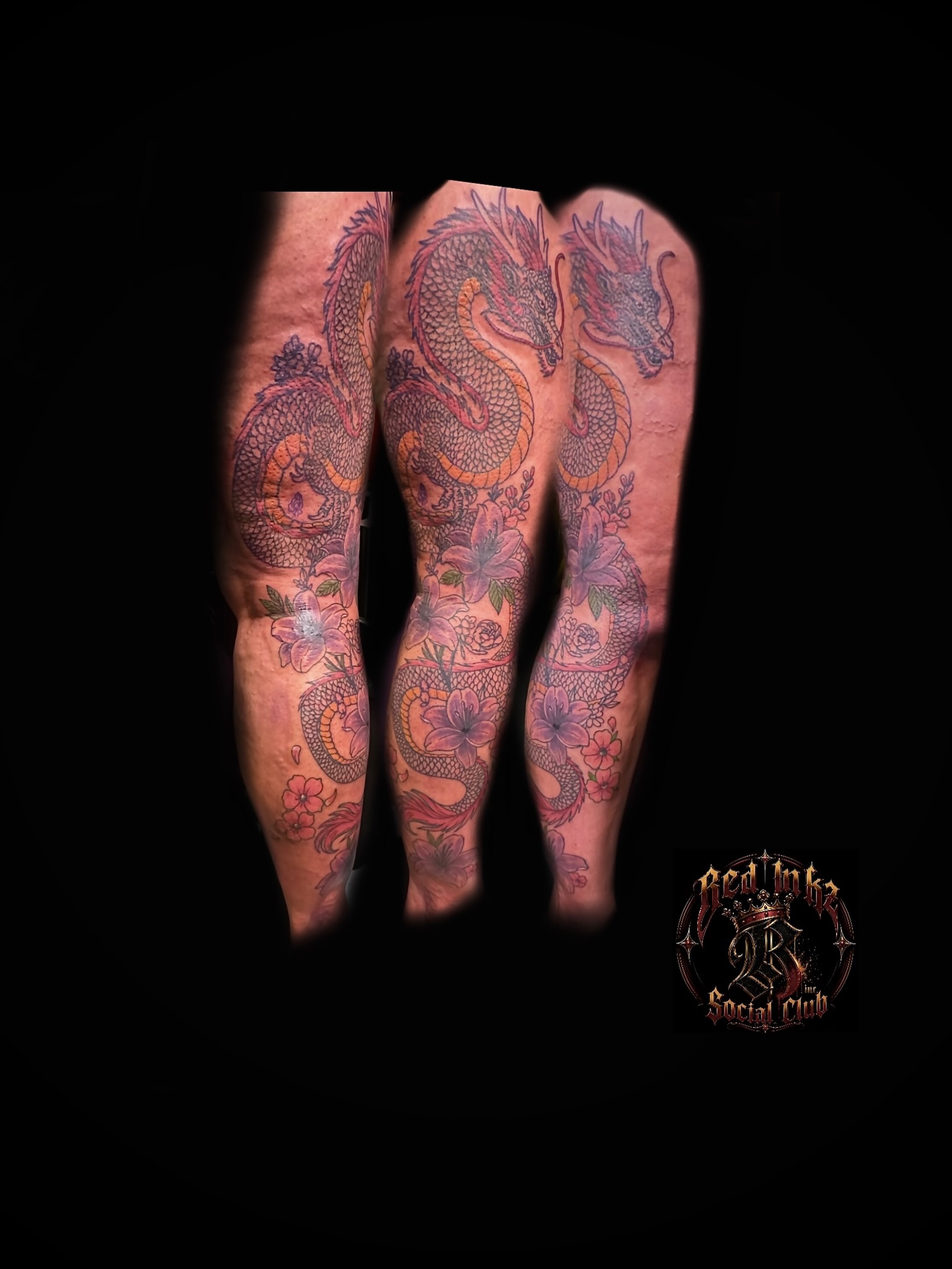 Dragon and floral japanese irezumi tattoo on the forearm by Red (Owner), Brooklyn, New York