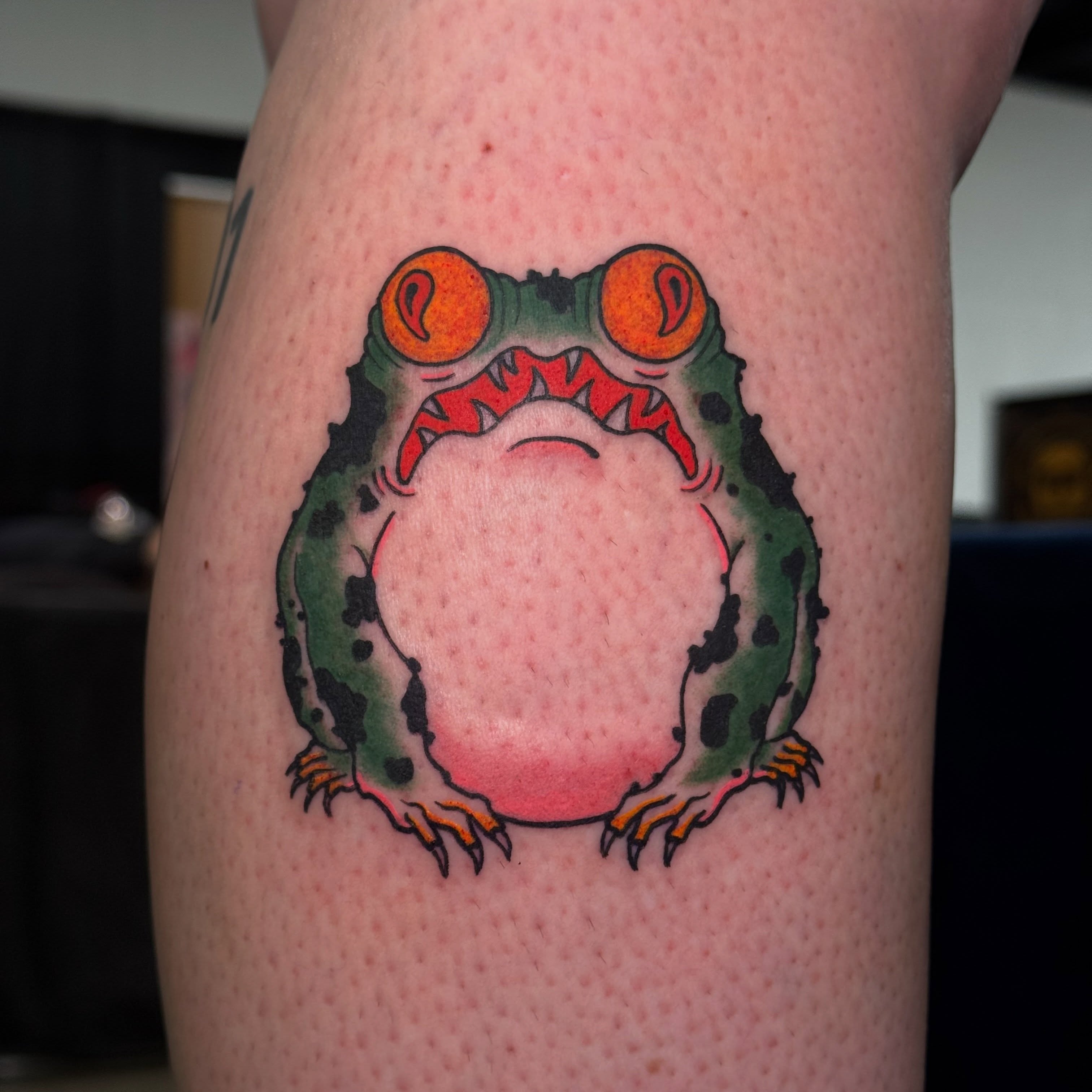 Frog dotwork tattoo on the thigh by Matthew - Tattoo Artist