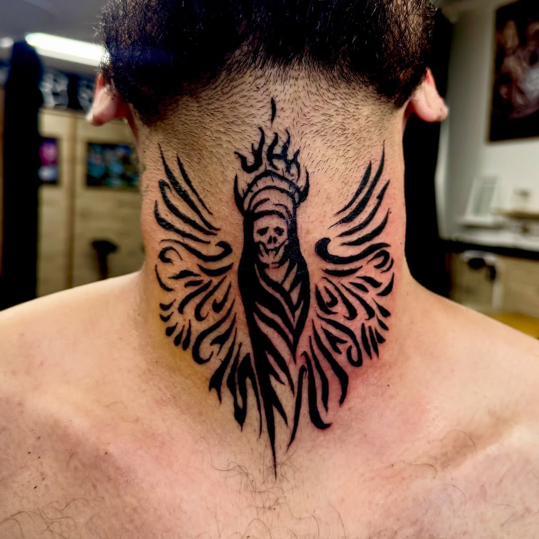 Skull with wings tribal tattoo on the neck by LeLe