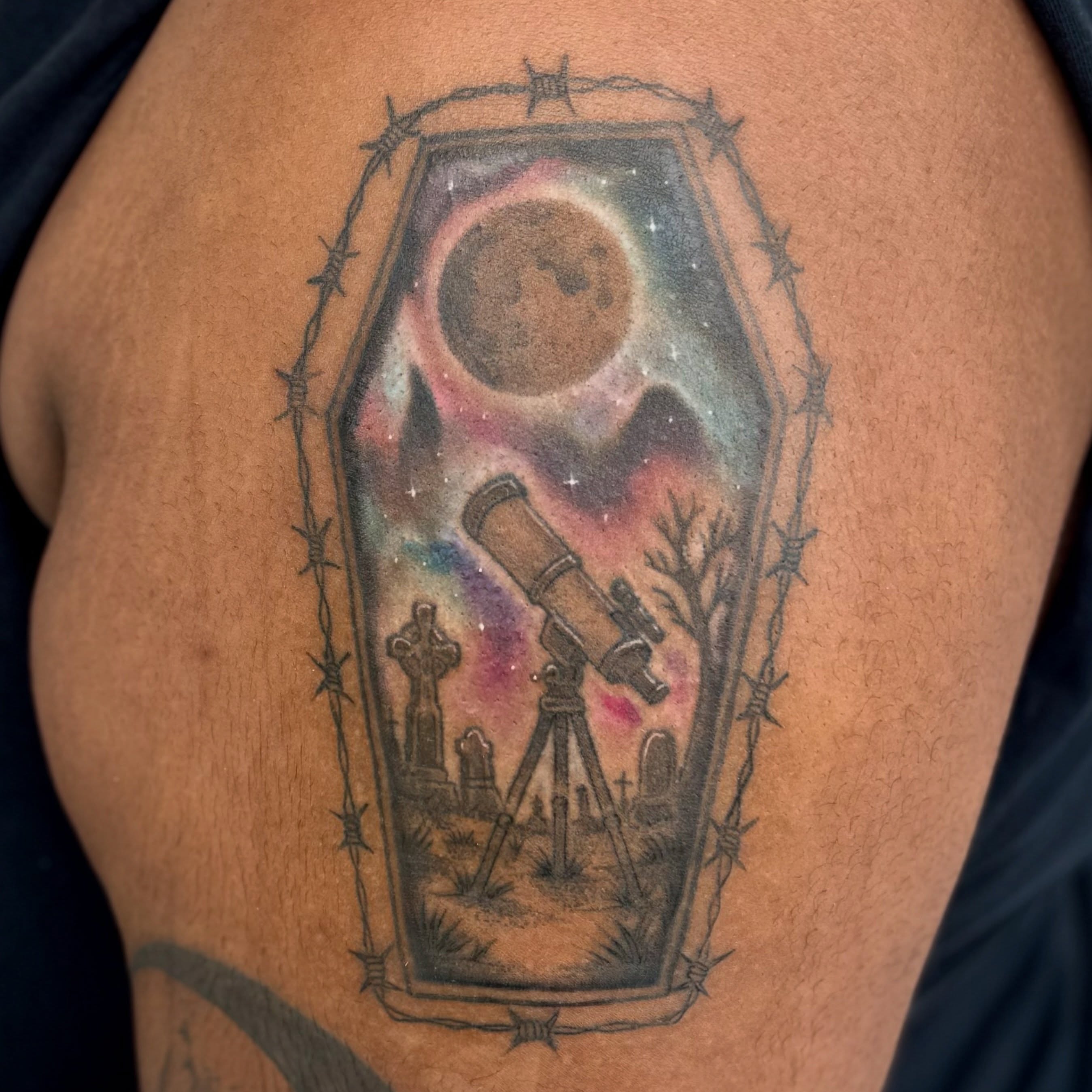 Coffin with telescope black and grey tattoo on the thigh by David