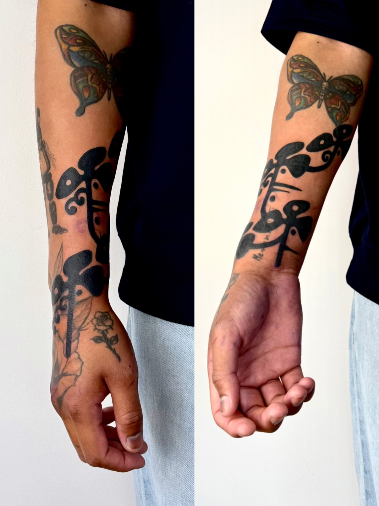 Butterfly and floral American traditional tattoo on the forearm by Roman