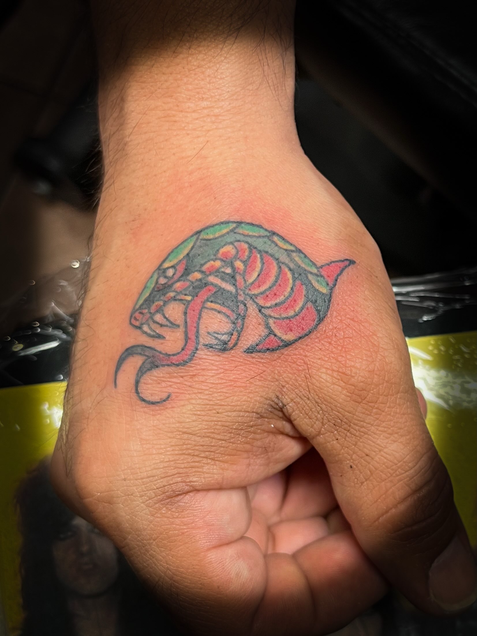 Bull American traditional tattoo on the hand by Melissa Peña NYC