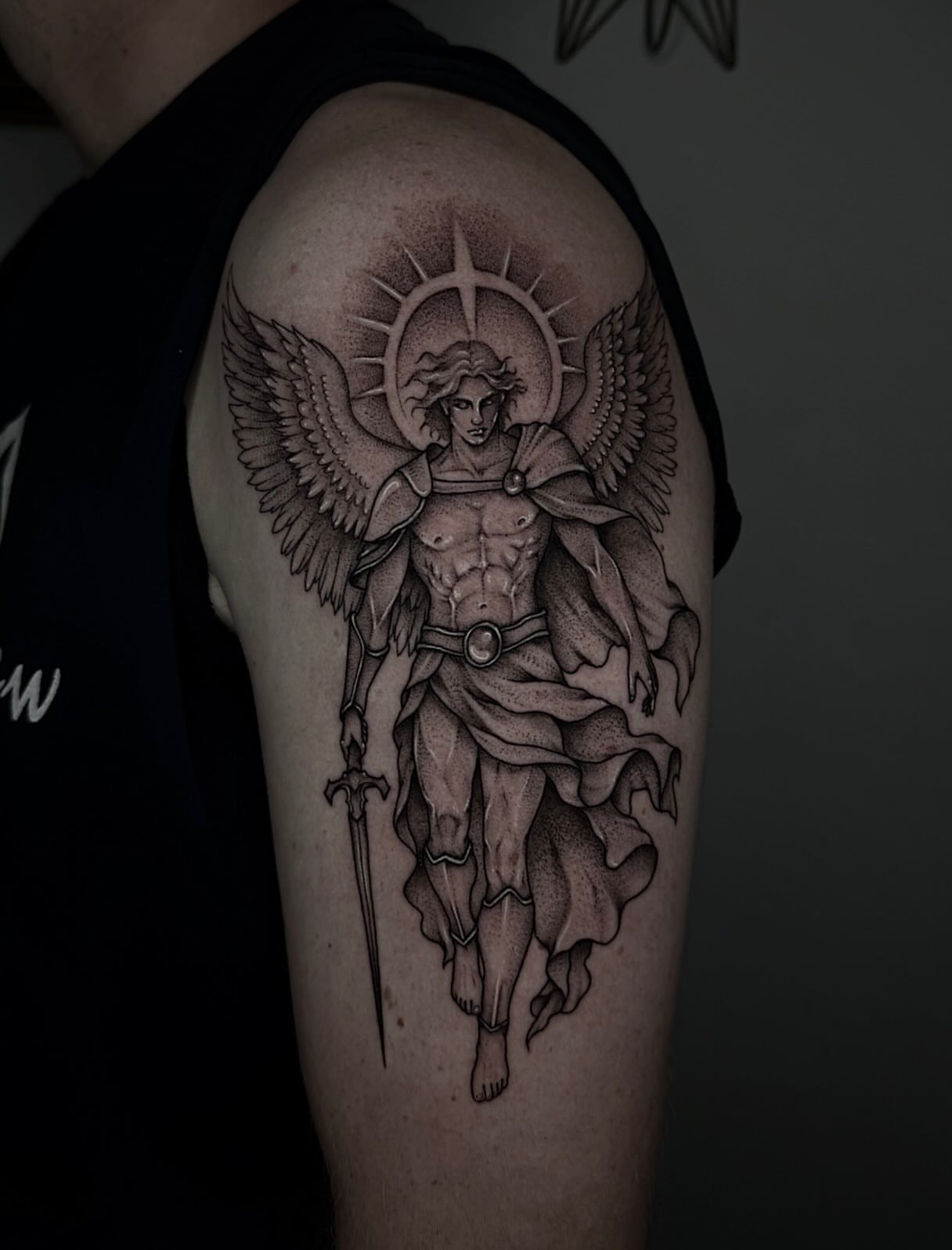 Angelic warrior dotwork tattoo on the shoulder by 𝔅𝔯𝔦 𝔉𝔩𝔢𝔱𝔠𝔥𝔢𝔯