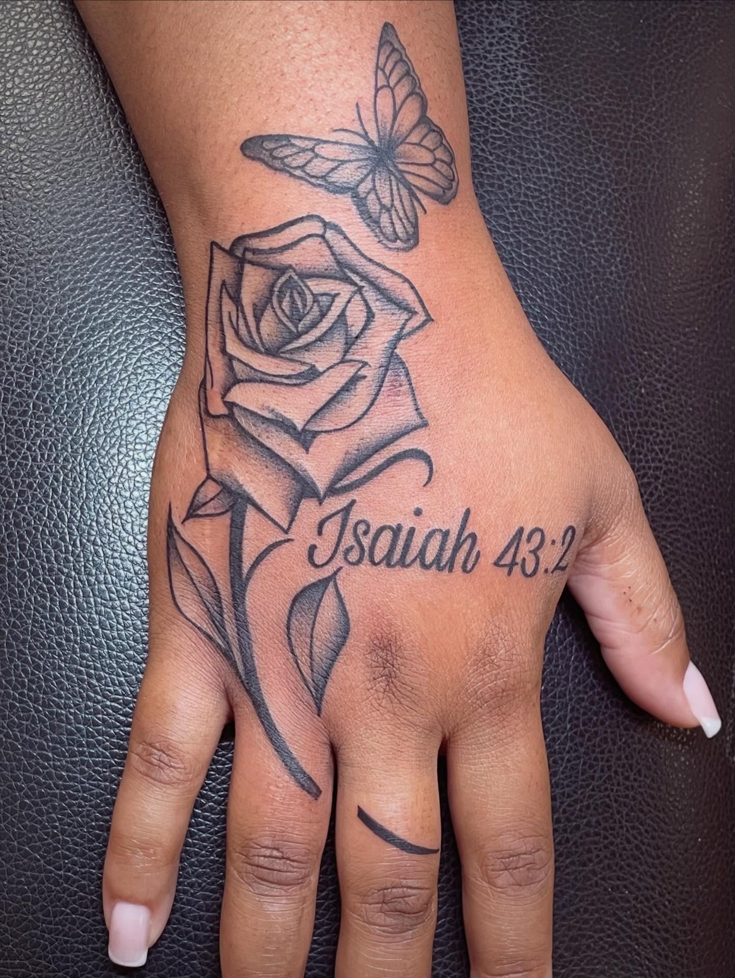 Rose and butterfly black and grey tattoo on the hand by π’ππ΅π΅π΄ π©°π