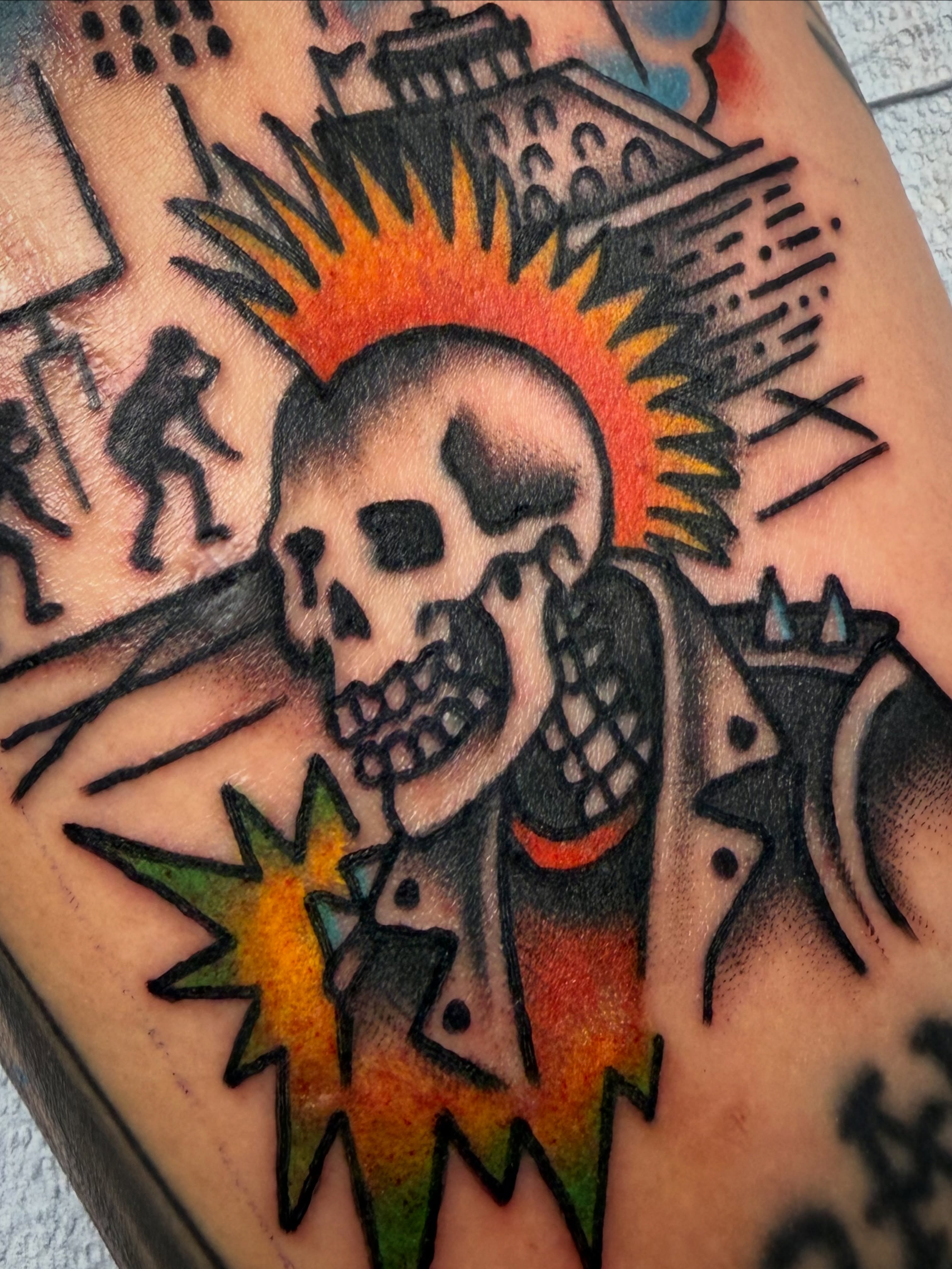 Punk skull American traditional tattoo on the forearm by Shannon Pagliarini