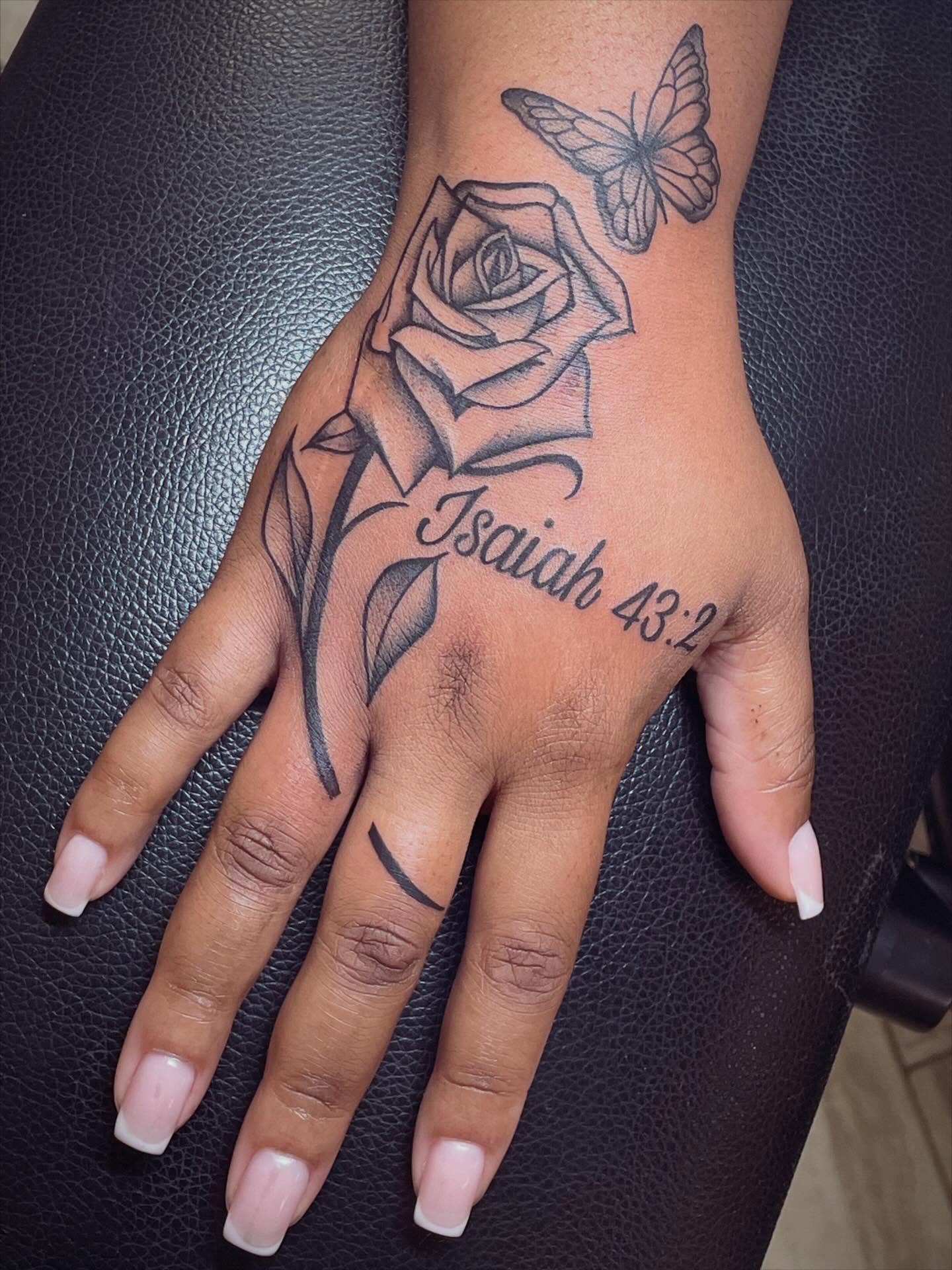 Rose and butterfly black and grey tattoo on the hand by π’ππ΅π΅π΄ π©°π