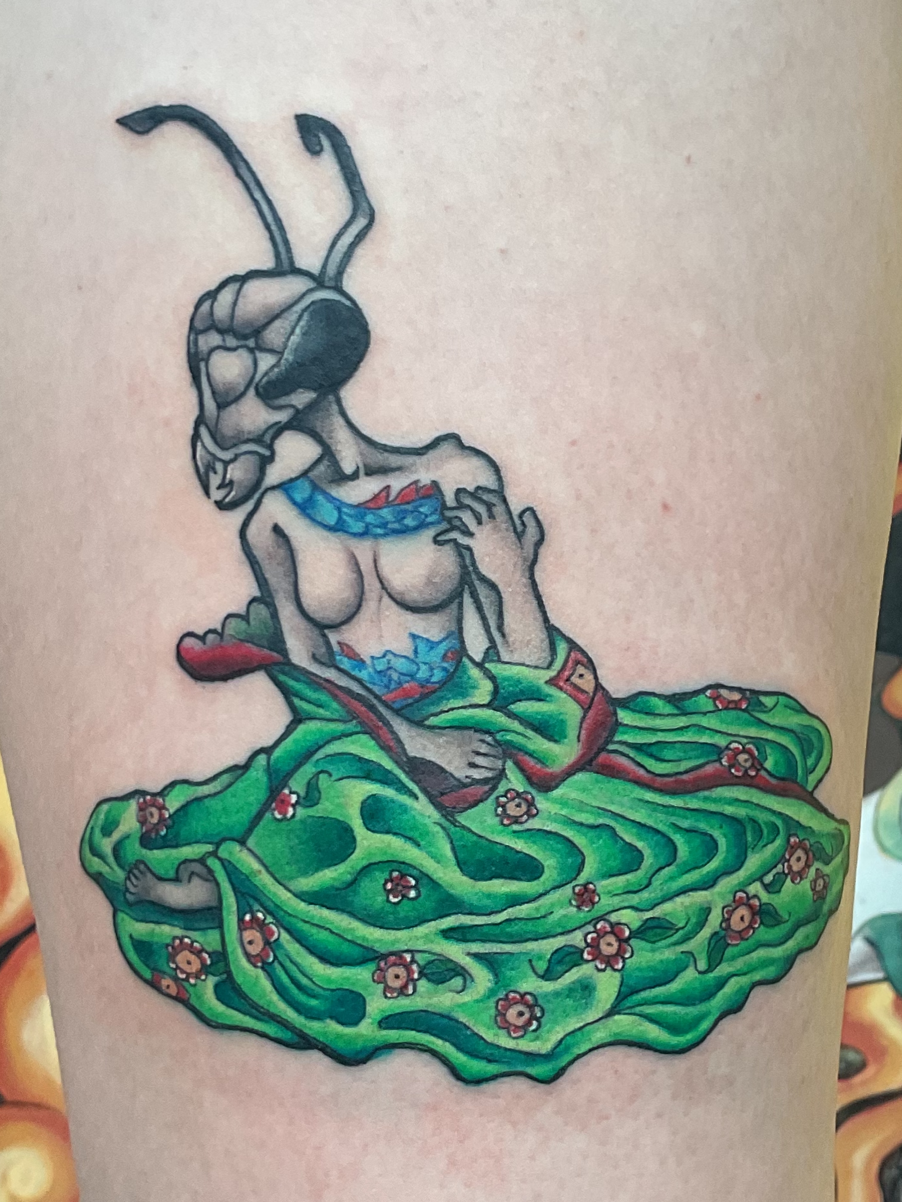 Ant woman American traditional tattoo on the thigh by Roachrude