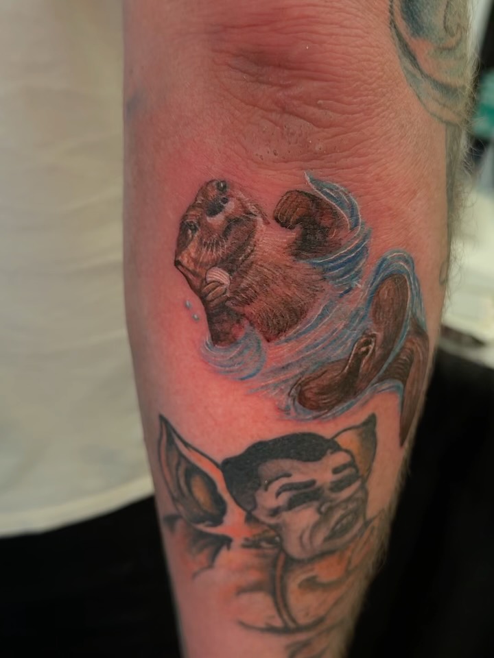 Sea otter realism tattoo on the forearm by Therapy ink
