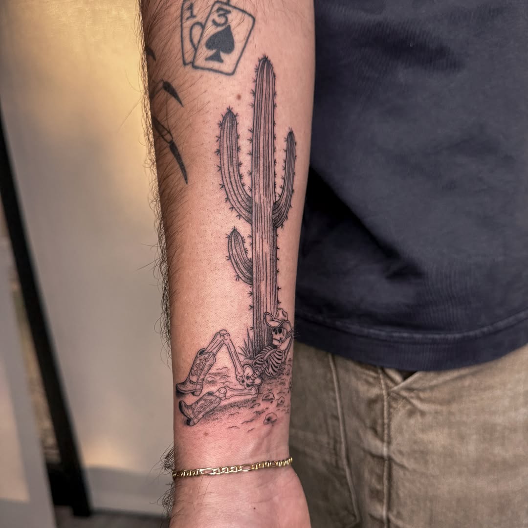 Cactus and skeleton realism tattoo on the forearm by Las Vegas Tattoo Artist