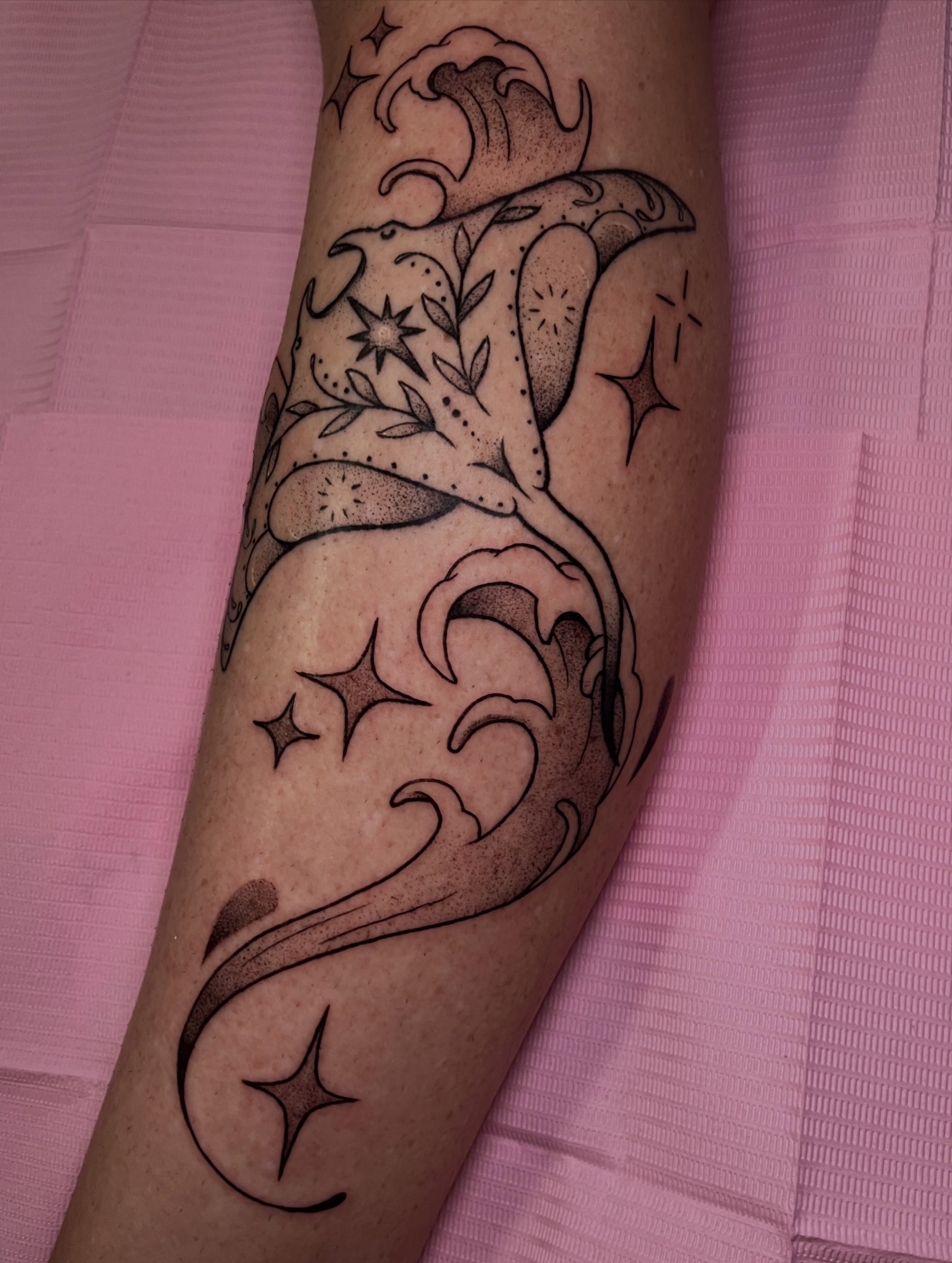 Tree with stars dotwork tattoo on the forearm by Hannah Hahn
