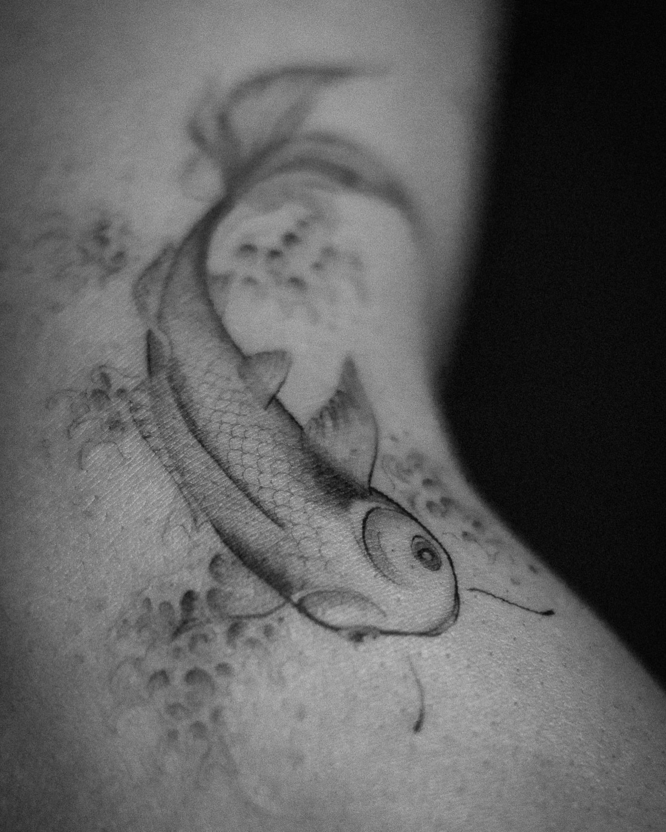 Fish black and grey tattoo on the shoulder by Aries Rising