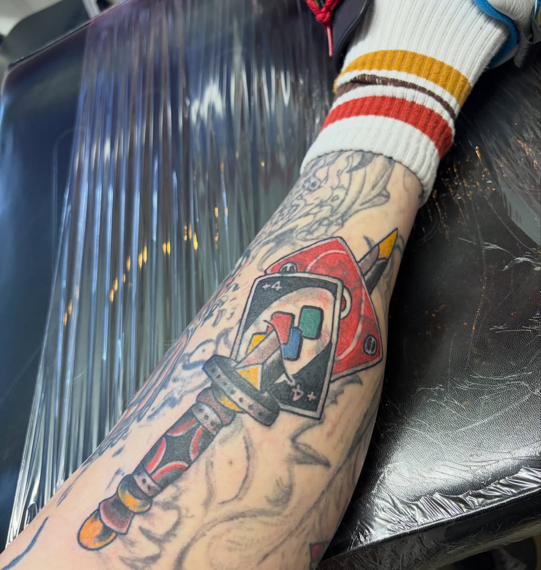 Video game controller American traditional tattoo on the forearm by Vudu Tattooer