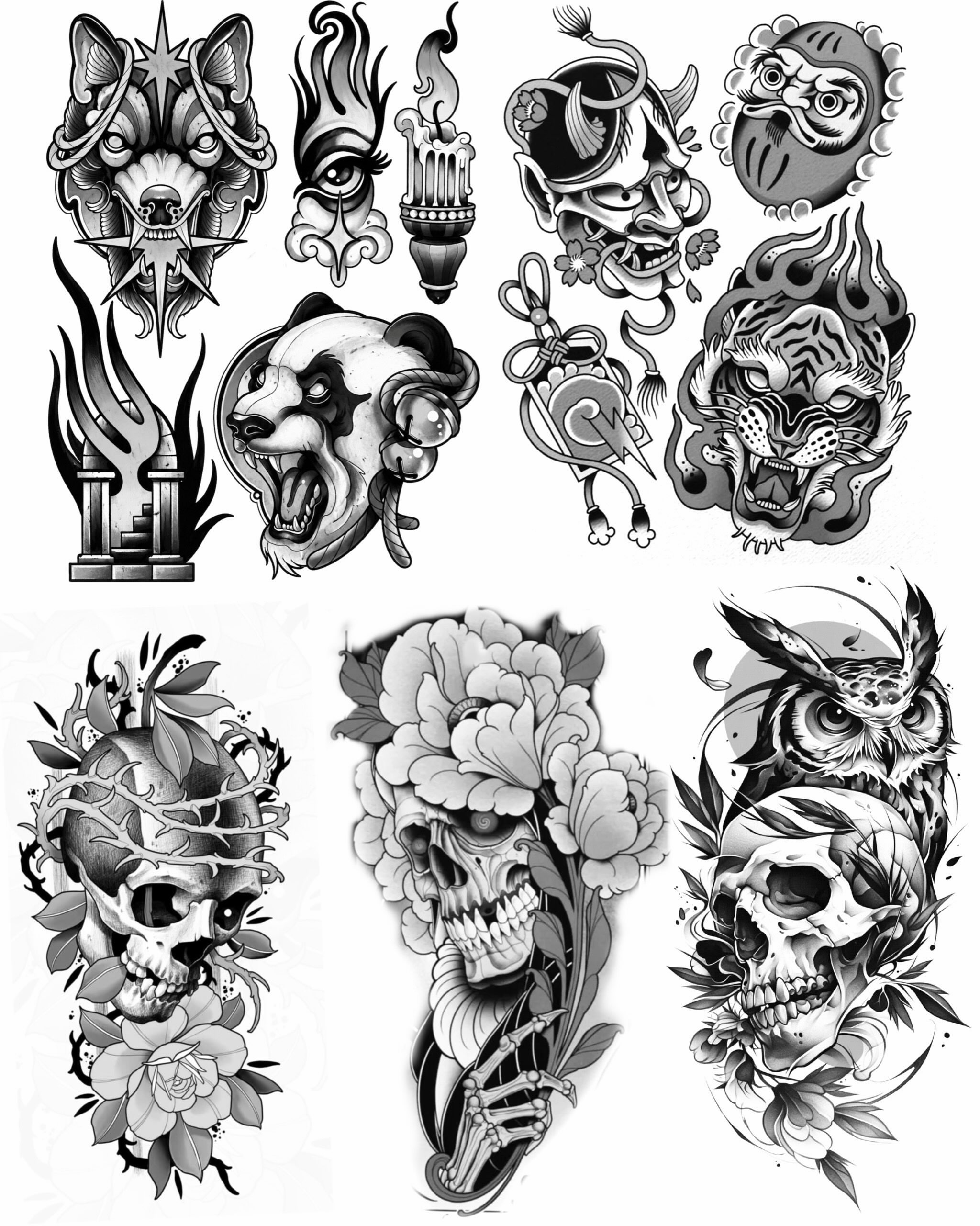 Skulls and animals black and grey tattoo by Kai, Charlotte, North Carolina