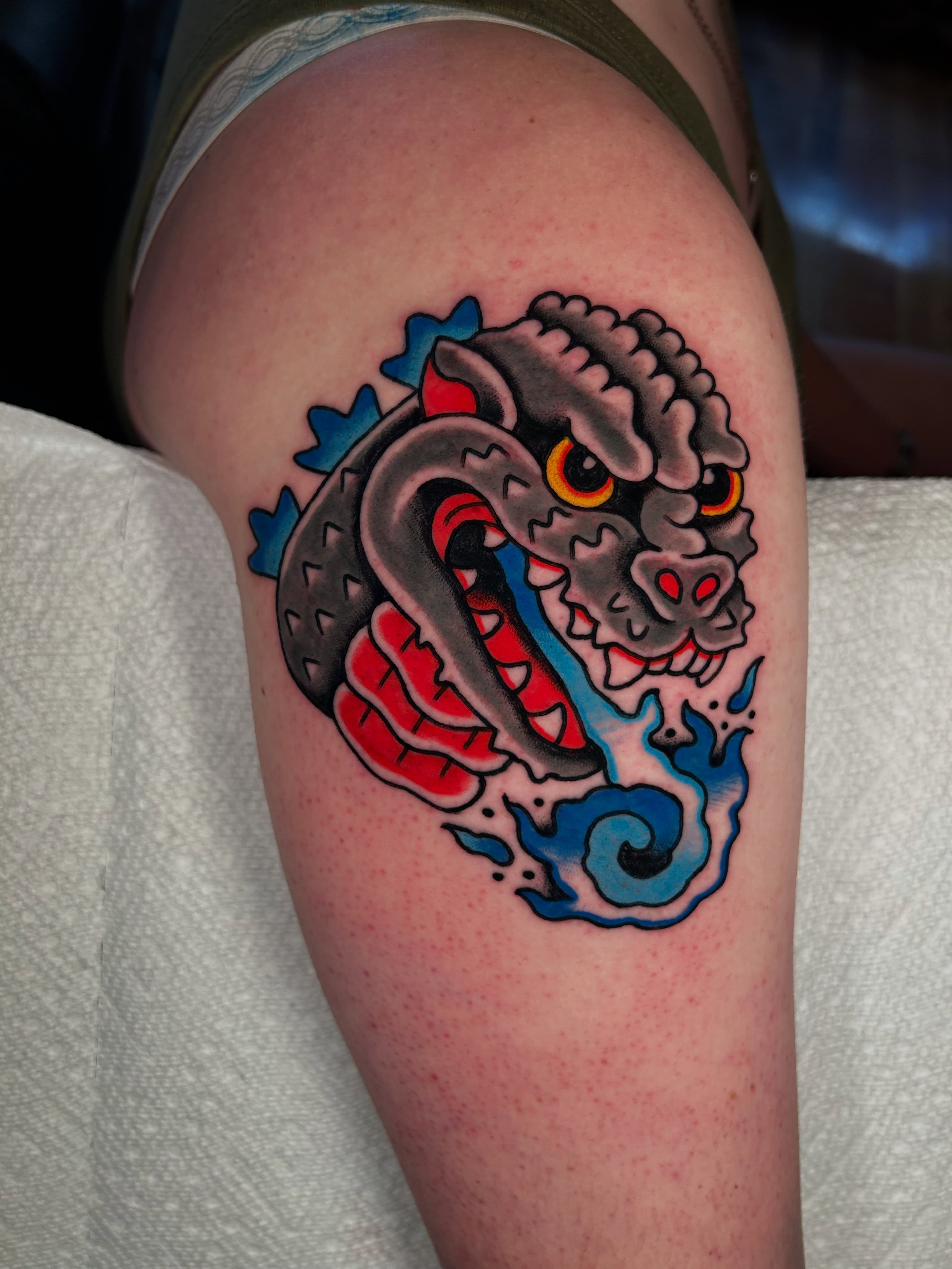Dragon American traditional tattoo on the thigh by Kit Miller, Indianapolis, Indiana