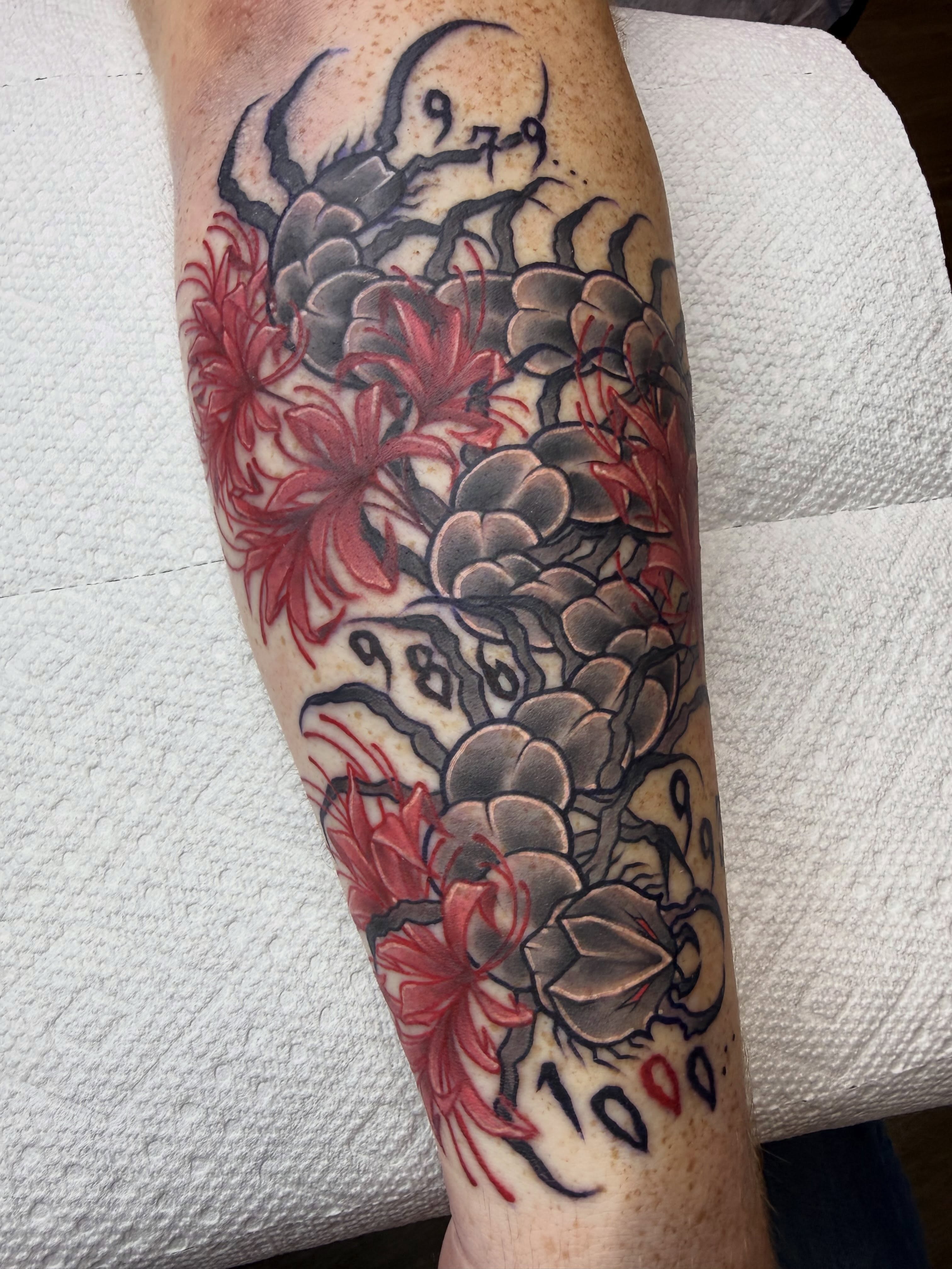 Scorpion and flowers japanese irezumi tattoo on the forearm by Autumn Fulford