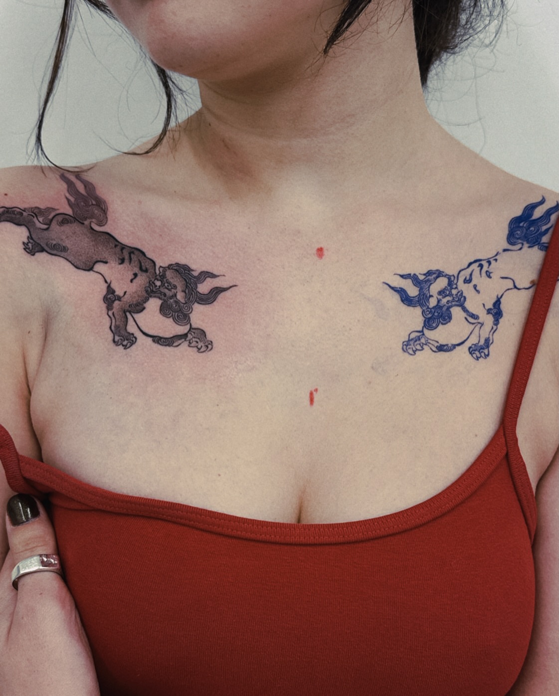 Mythical creatures American traditional tattoo on the chest by 비단, New York, New York