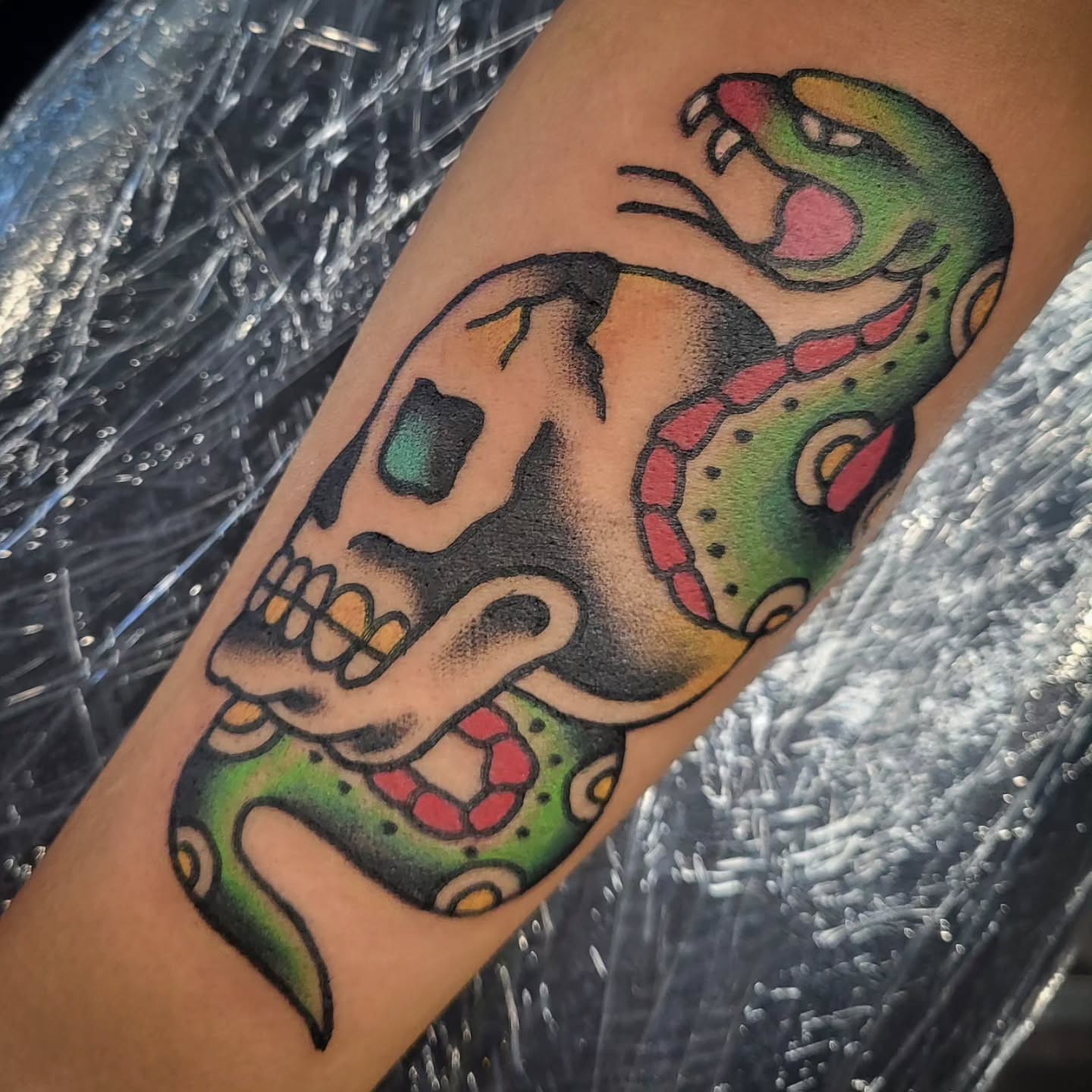 Skull and snake American traditional tattoo on the forearm by Sloan Smith