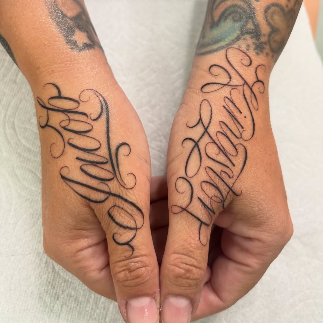 Script lettering lettering script tattoo on the hand by Cristiano Ochoa, Elk Grove, California