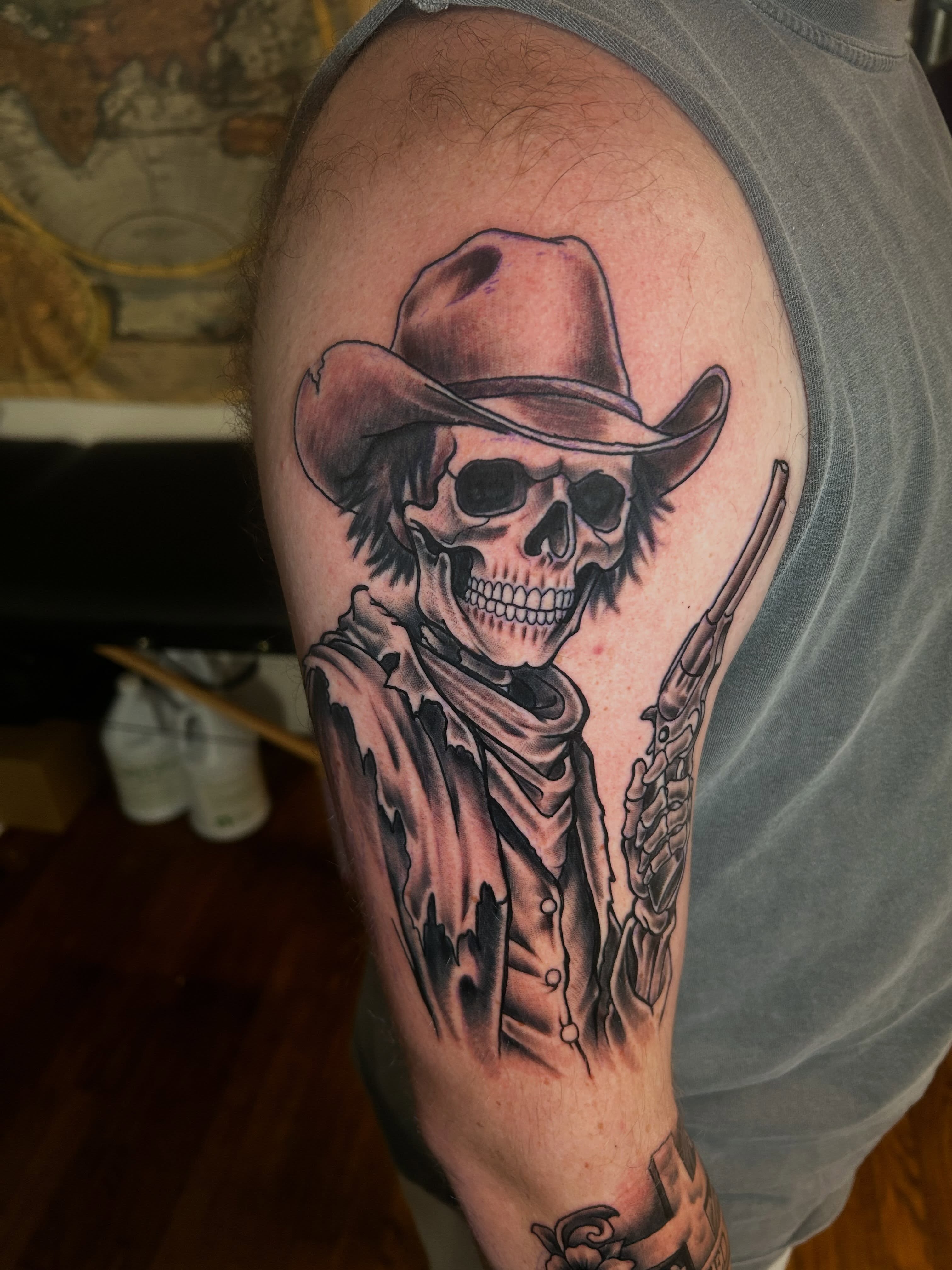 Cowboy skull realism tattoo on the thigh by Austin Young