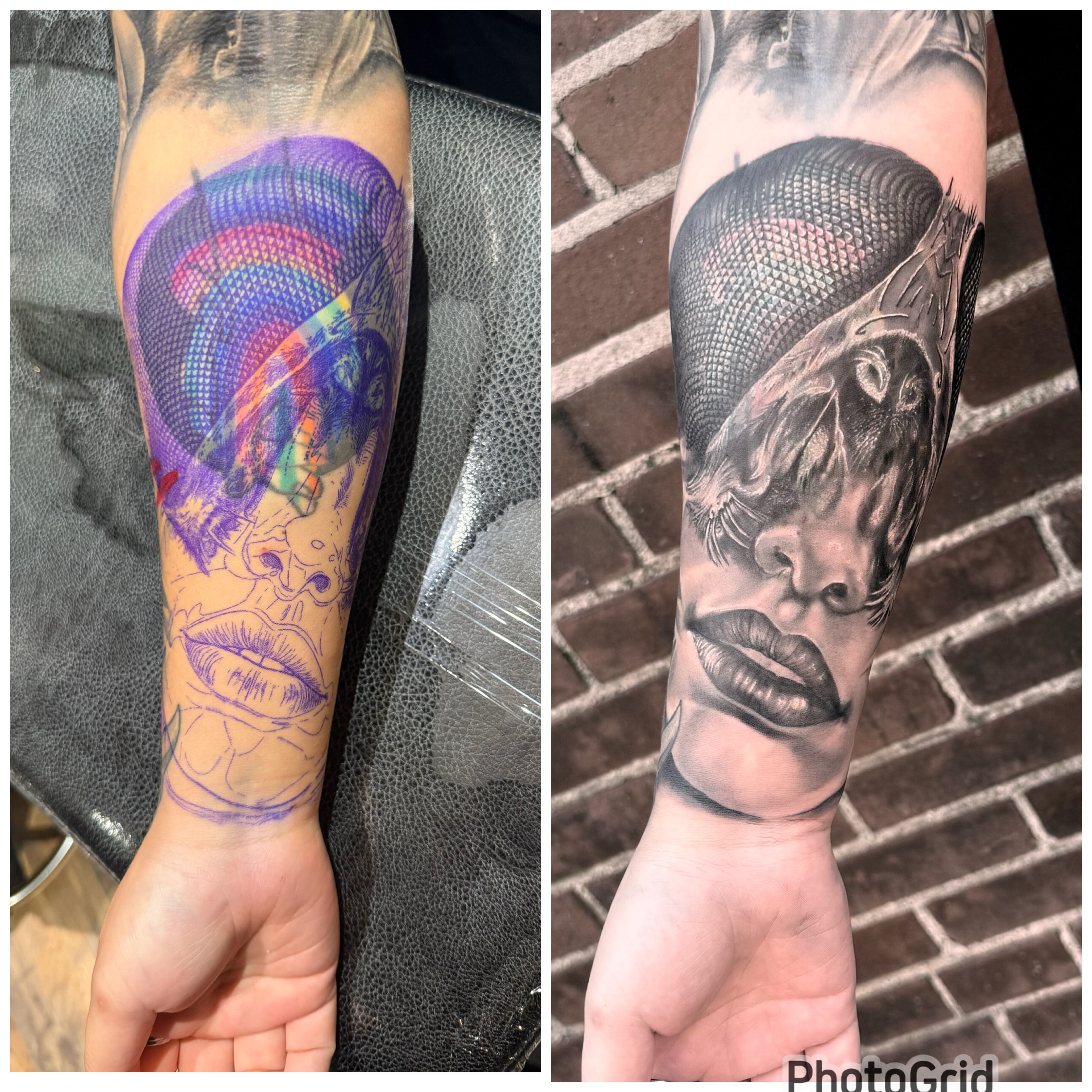 Woman's face realism tattoo on the forearm by Blake Van Vleck