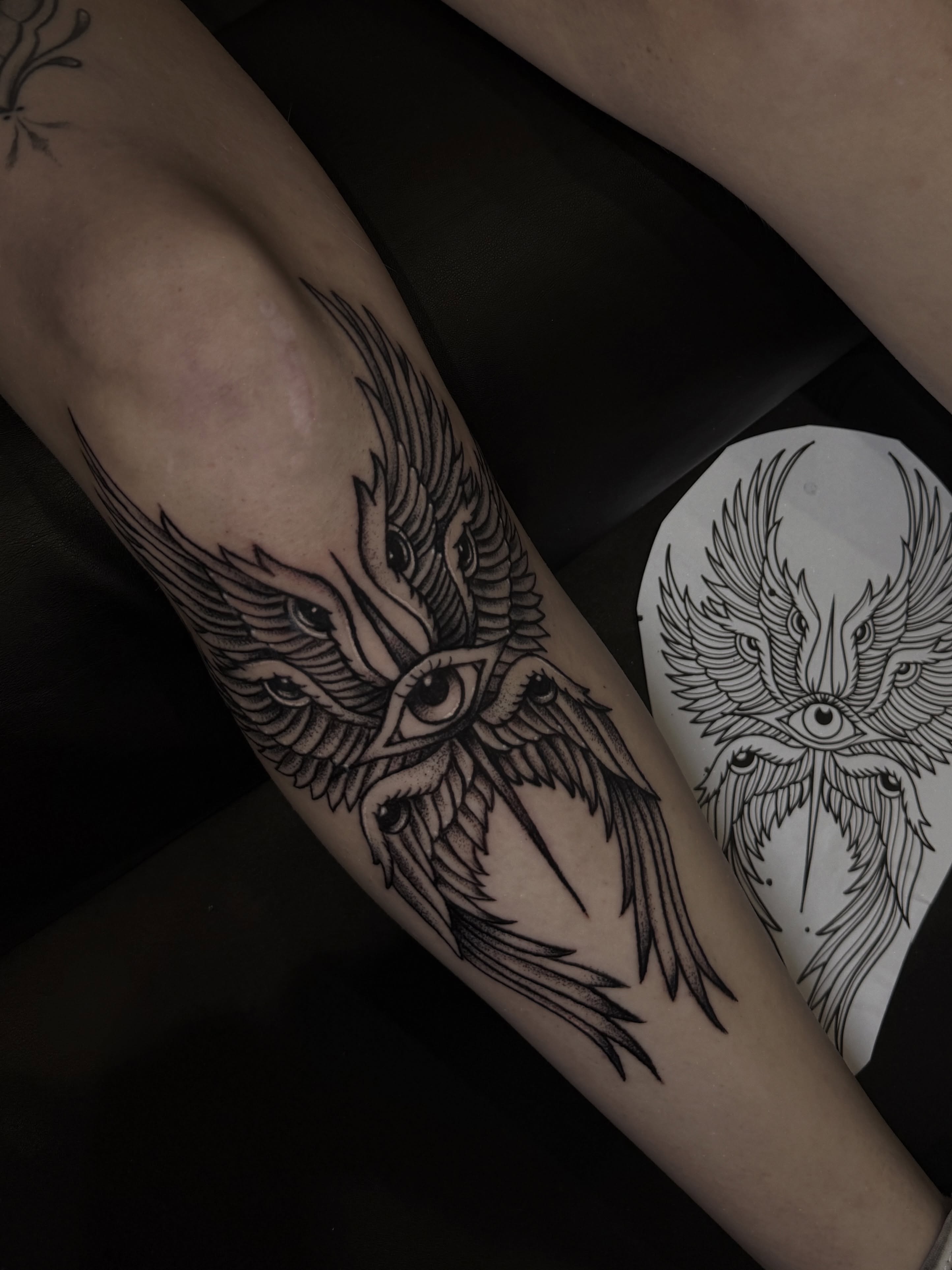 Owl black and grey tattoo on the forearm by E L I Z A H B e T H H D e S I G N S