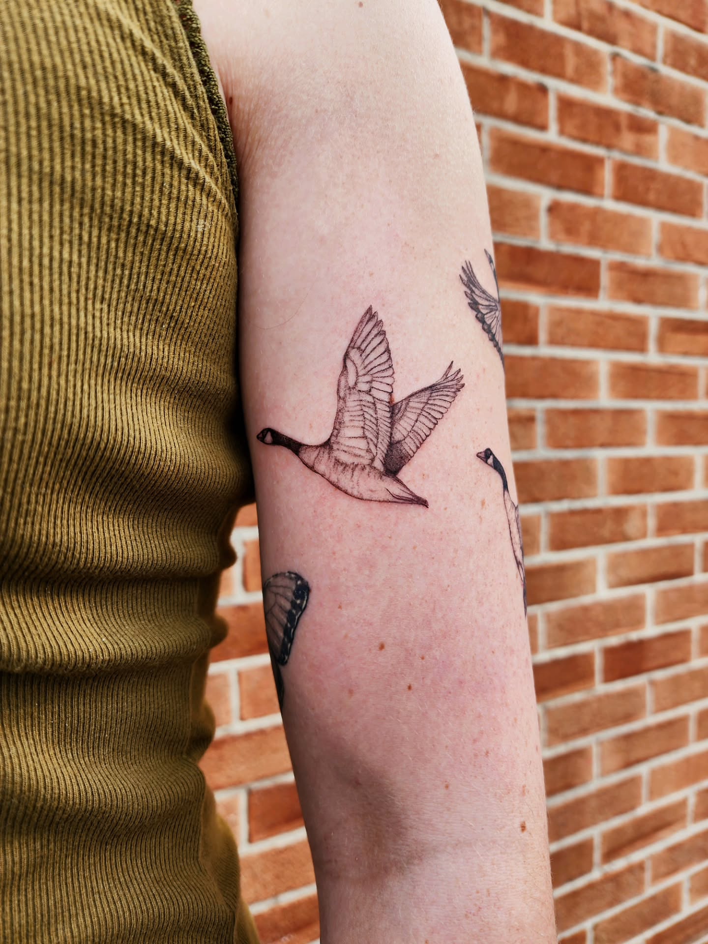 Geese black and grey tattoo on the forearm by Alex ▪︎ Tattoo Apprentice