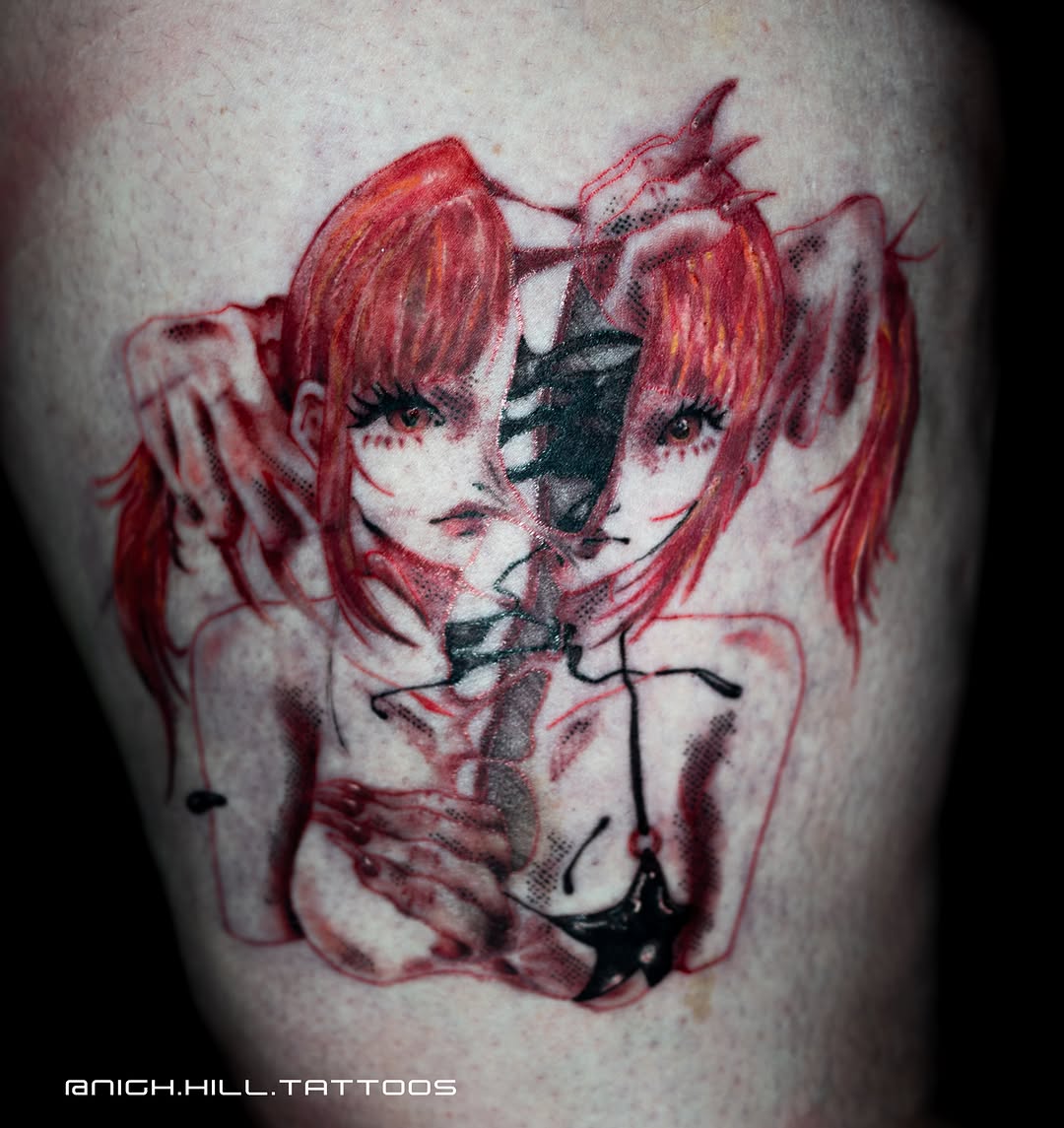 Anime characters dotwork tattoo on the thigh by Boise Tattoo Artist