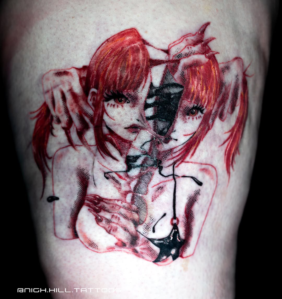 Tattoo by @nigh.hill.tattoos — dotwork, anime