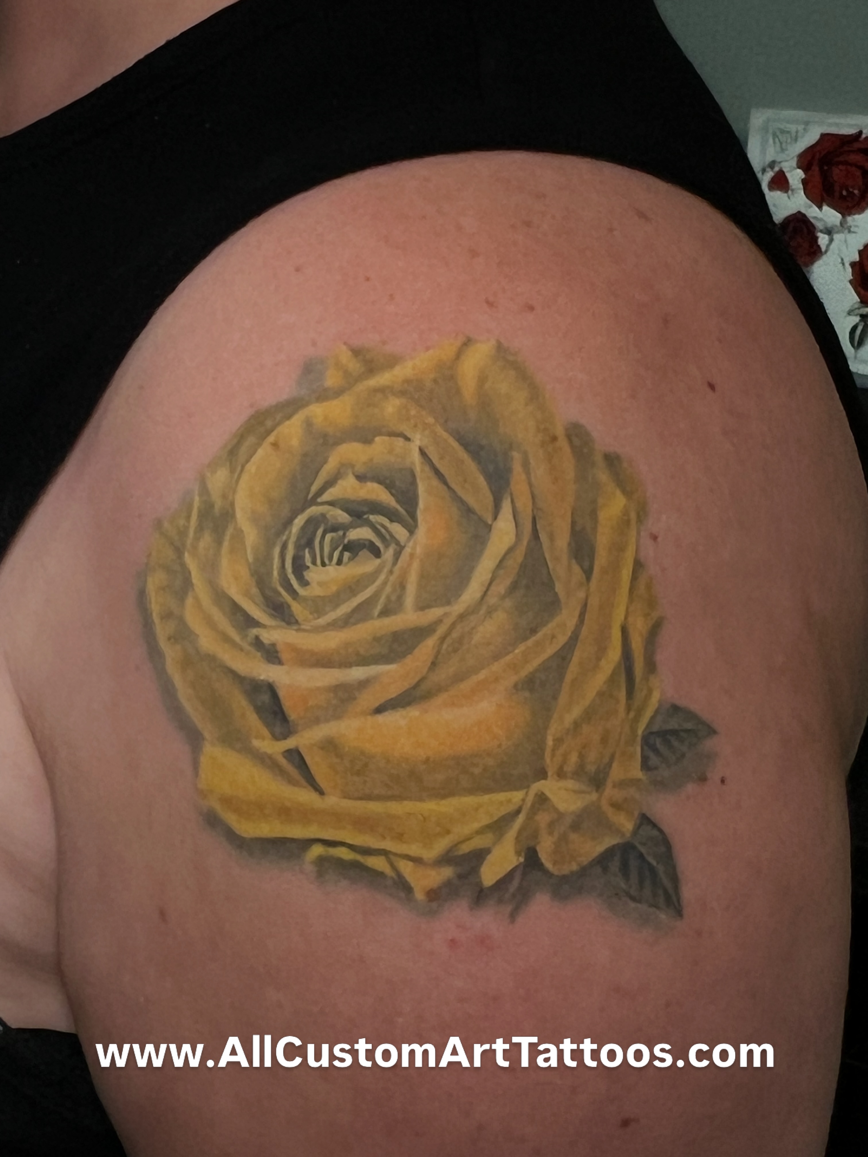 Yellow rose realism tattoo on the shoulder by Rafael Marte, White Plains, New York