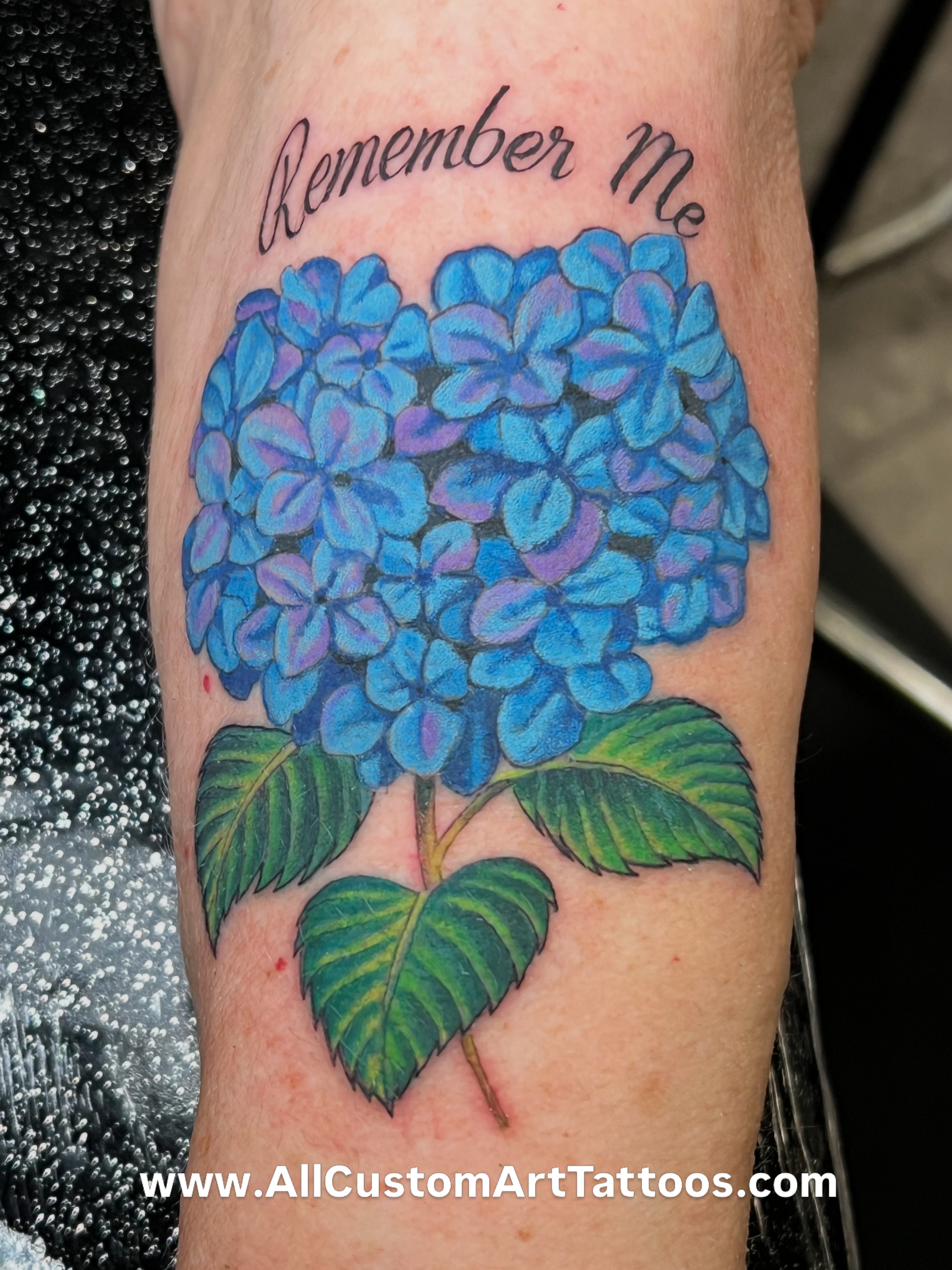 Blue hydrangea realism tattoo on the forearm by Rafael Marte, White Plains, New York