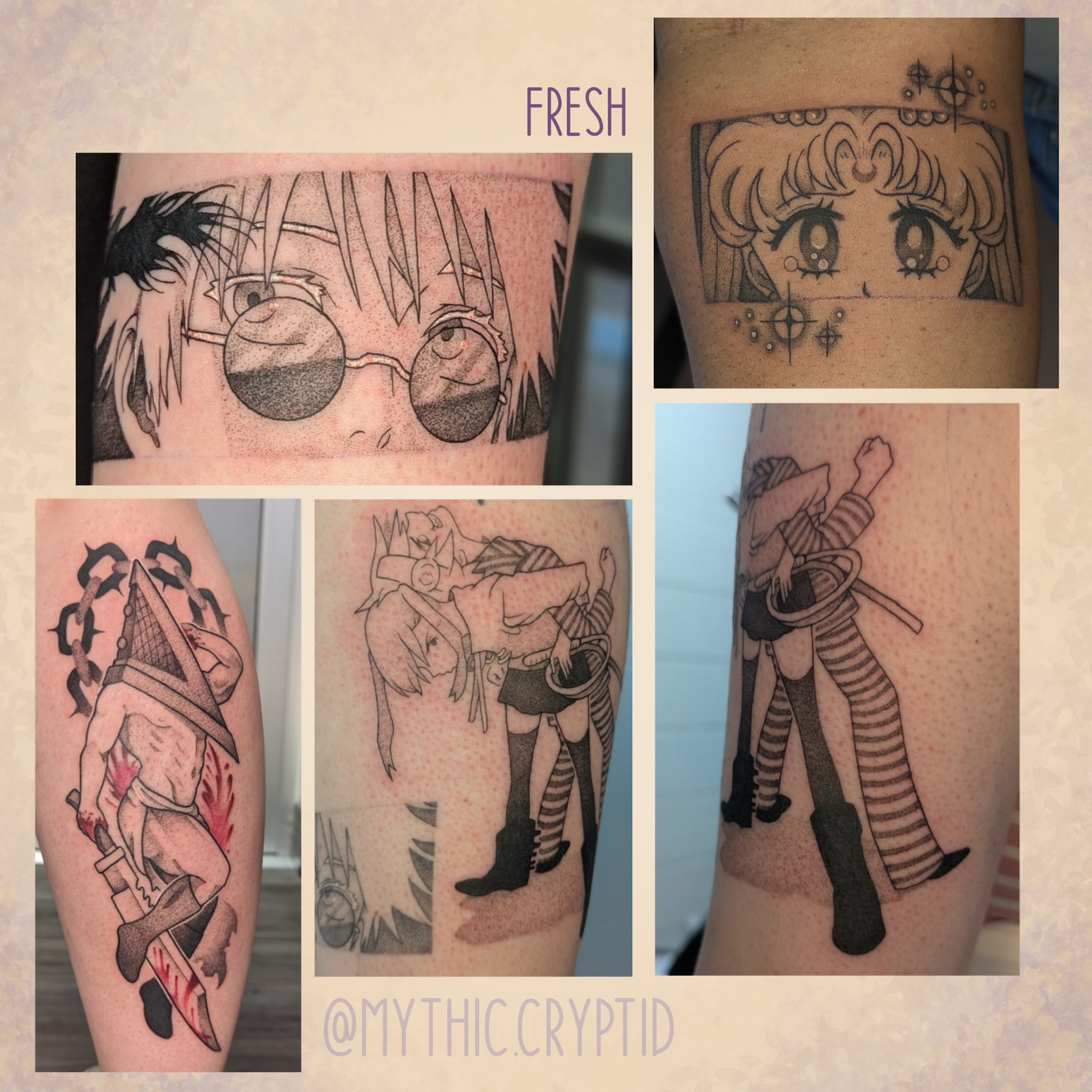 Anime characters dotwork tattoo on the forearm by Spencer Jennings, Westland, Michigan