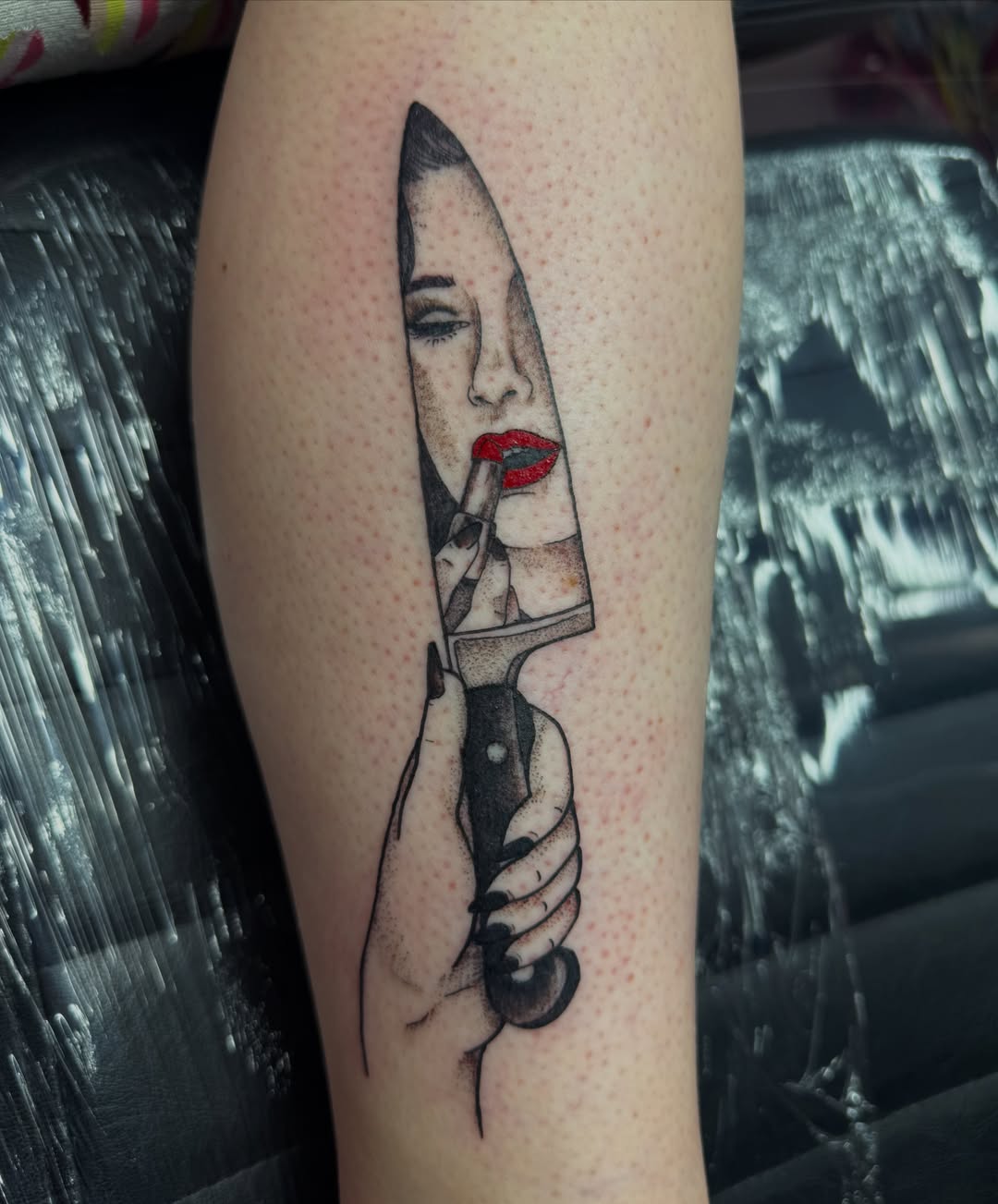 Knife dotwork tattoo on the forearm by Jada Reynolds