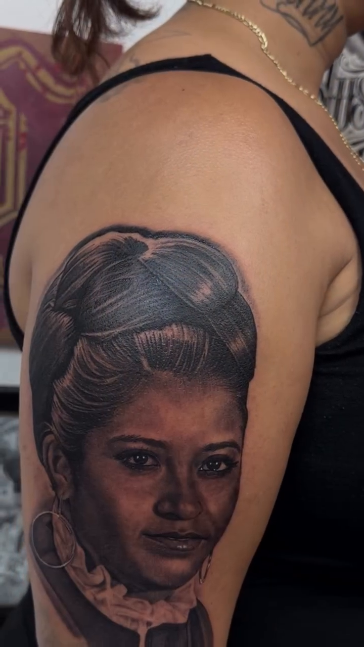 Portrait of a woman realism tattoo by Richie Moreno lll