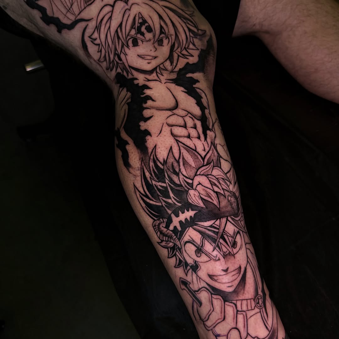 Anime characters anime tattoo on the forearm by Melissa "Lotuss" Chan