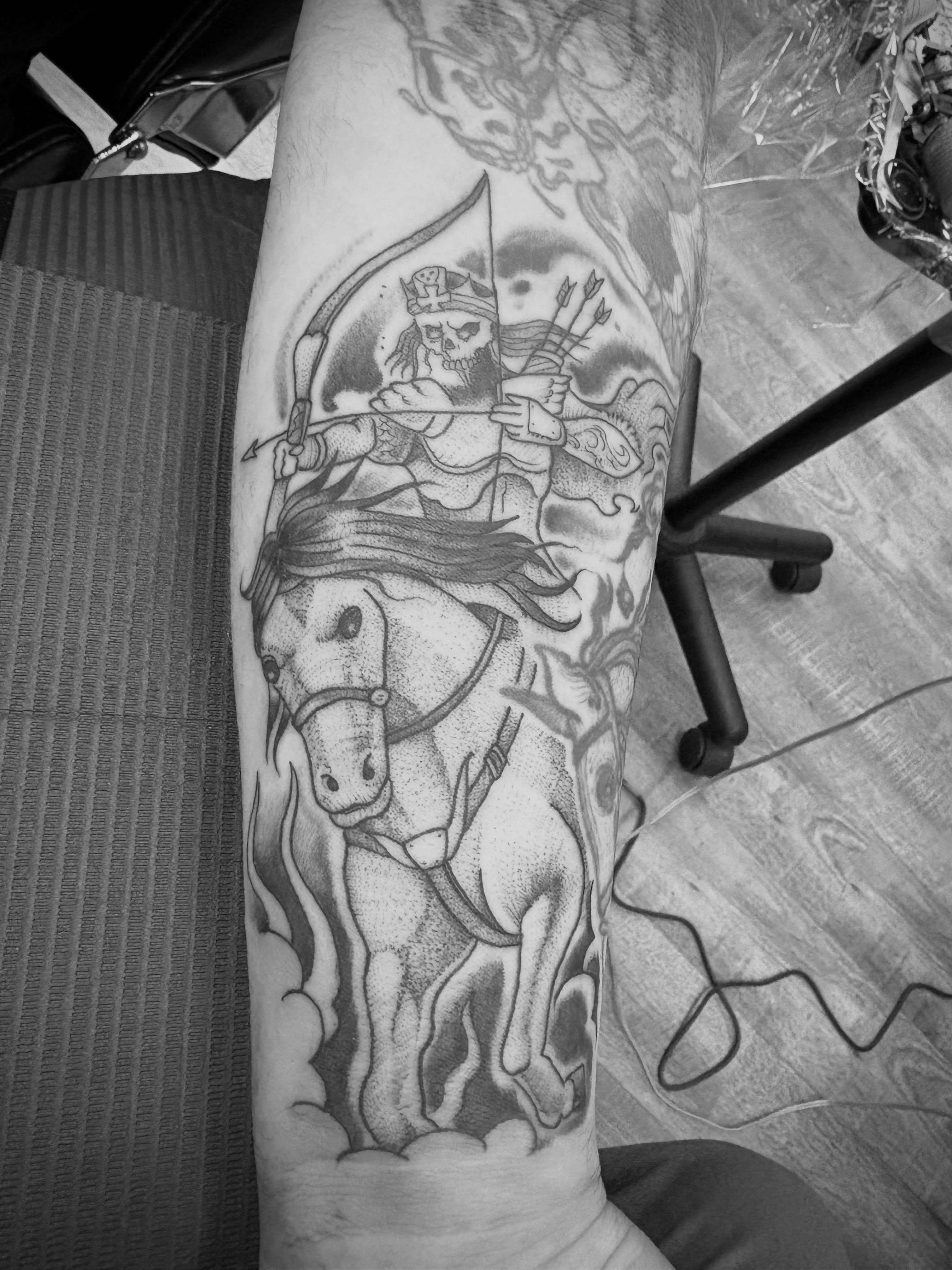 Grim reaper on horseback black and grey tattoo on the forearm by Jason Allen, Avondale, Arizona