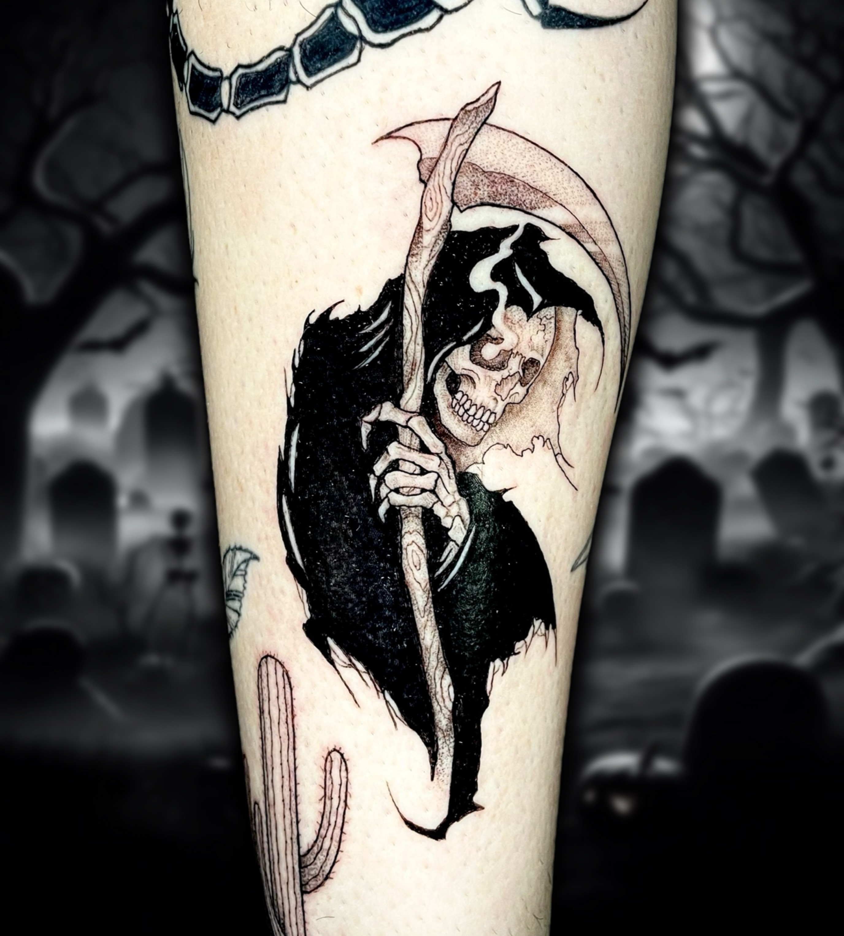 Grim reaper black and grey tattoo on the forearm by Shontel Fowler