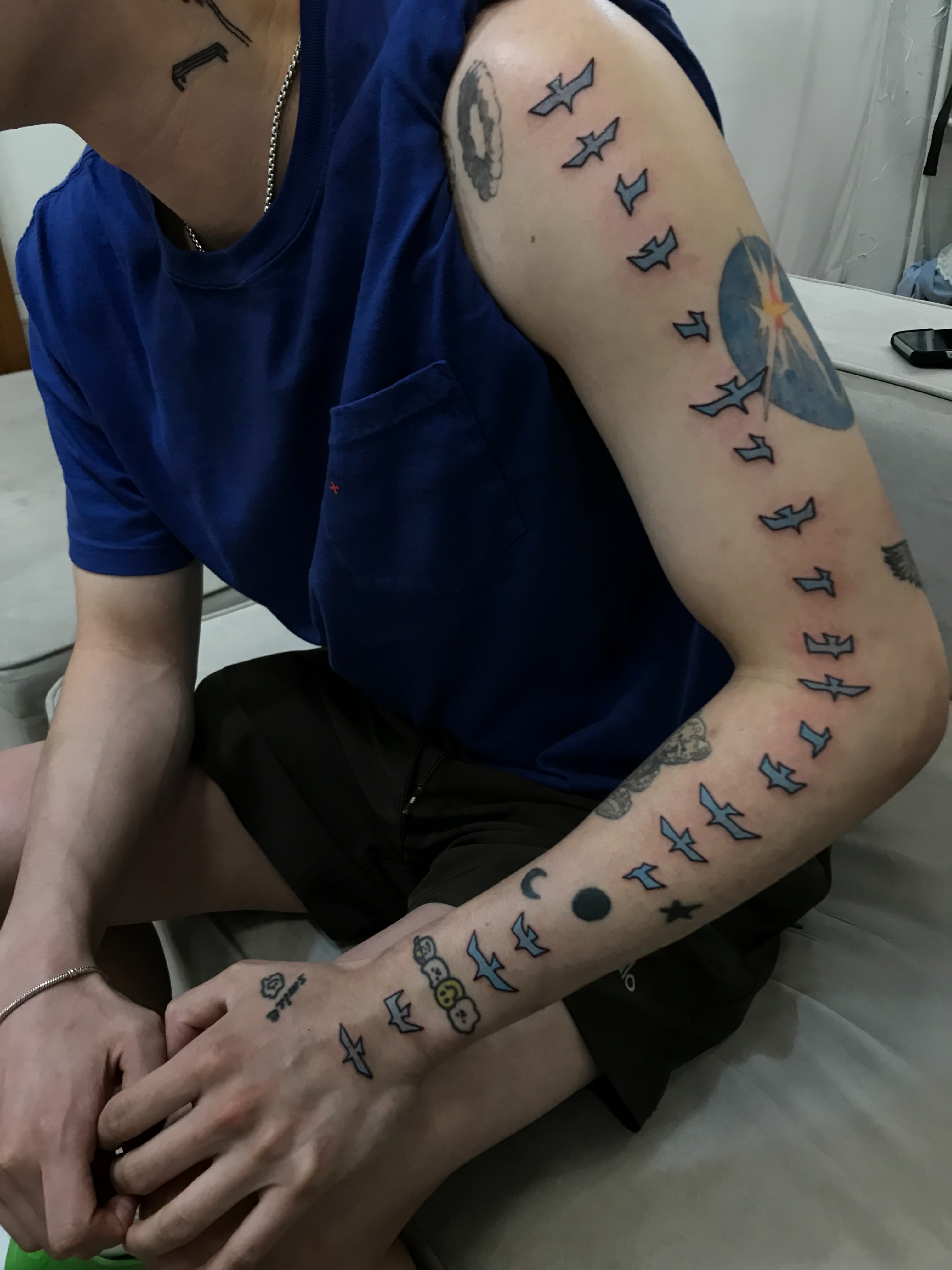 Birds and celestial bodies dotwork tattoo on the forearm by 드로잉타투 자유🧍