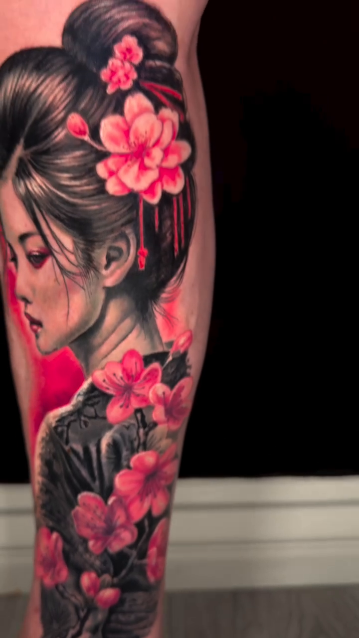Geisha with cherry blossoms japanese irezumi tattoo by Jamie Lee Parker