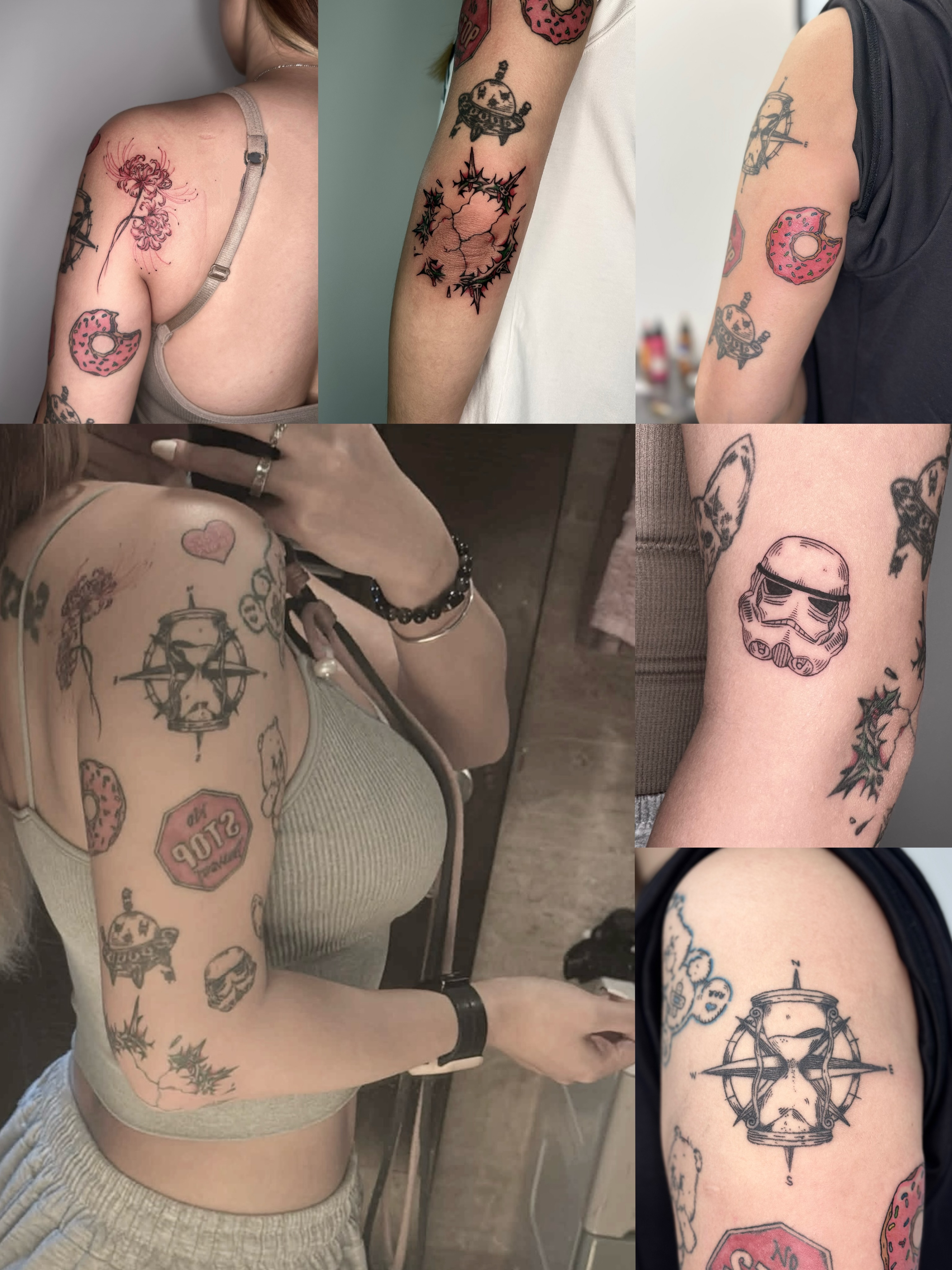 Donut and stormtrooper American traditional tattoo on the upper arm by Zecember