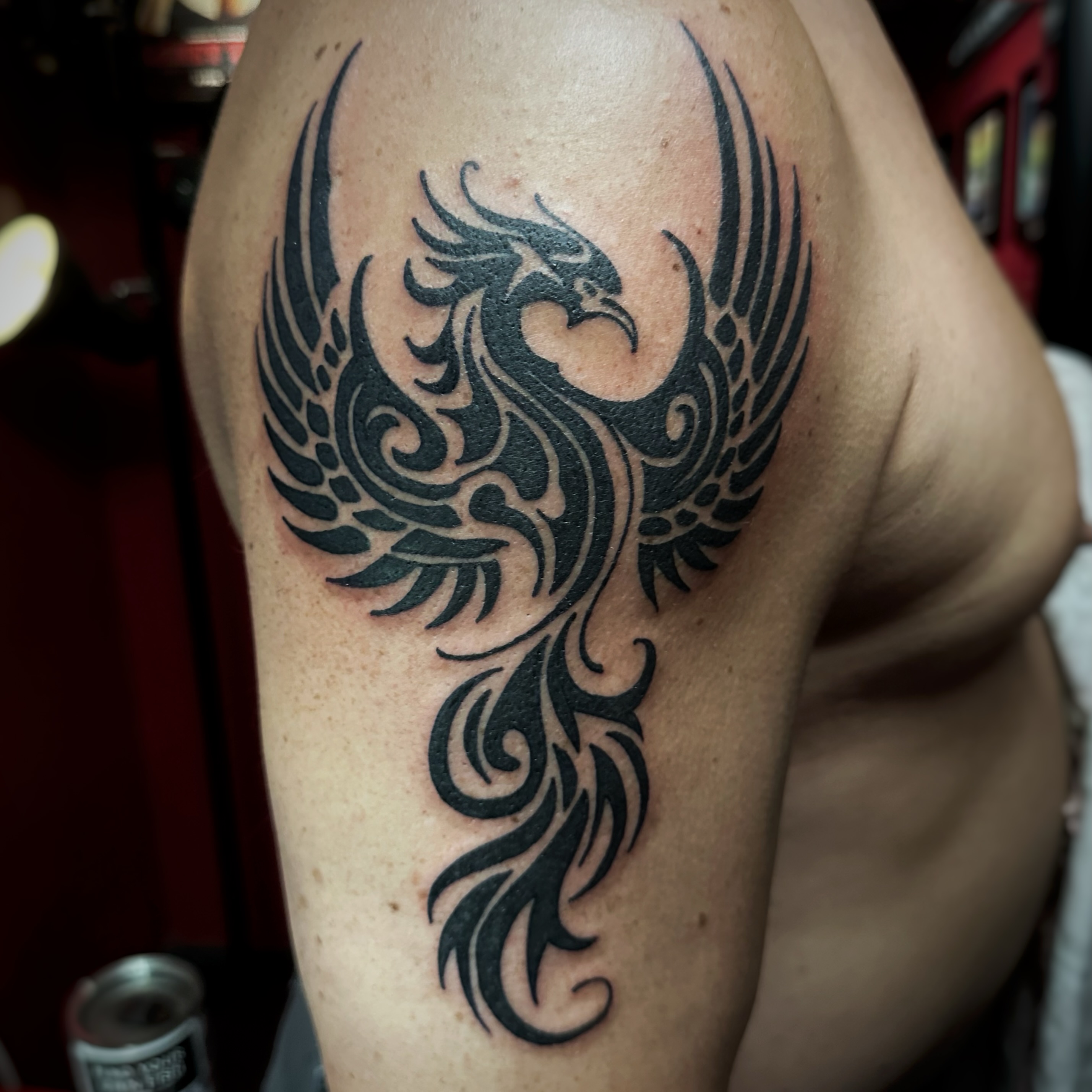Phoenix tribal tattoo on the shoulder by Anthony Guido