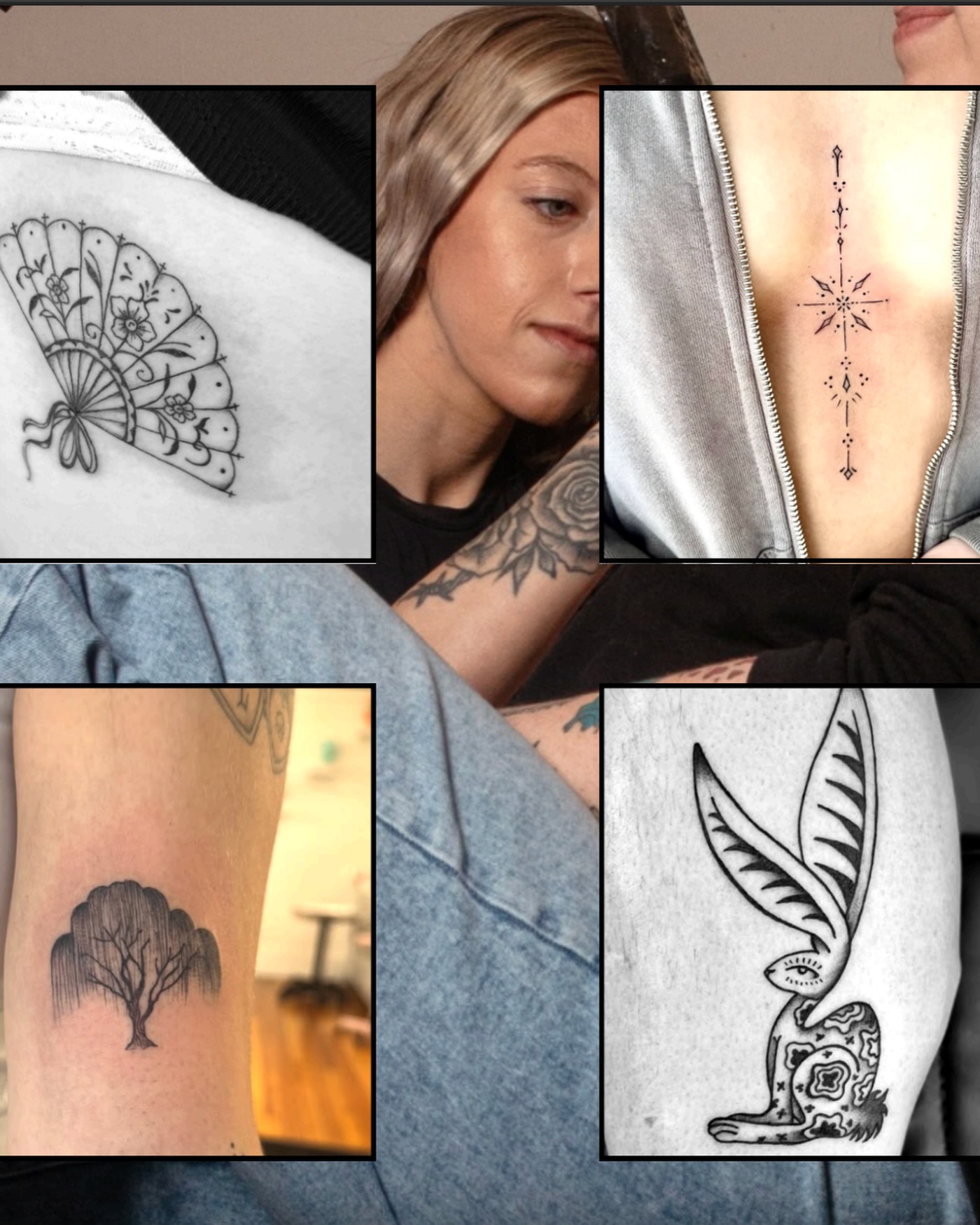 Fan fine line tattoo on the upper arm by Lindsay Shriver